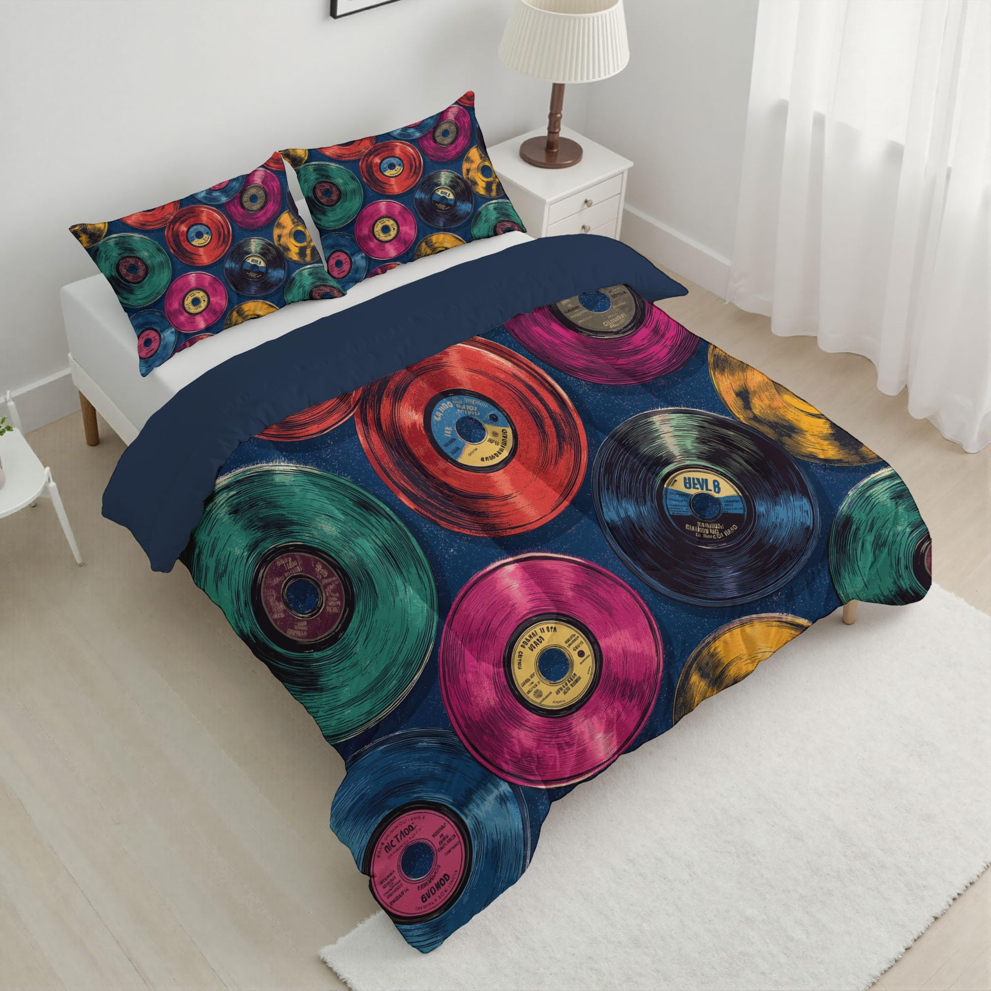 Piumino Letto Piazza E Mezza Con Federe, Piumino Trapuntato Tema Musicale Retrò,Dischi In Vinile Rock Classico Per Tutte Le Stagioni,Trapunta Reversibile Leggero Caldo,240X220Cm,Blu Scuro