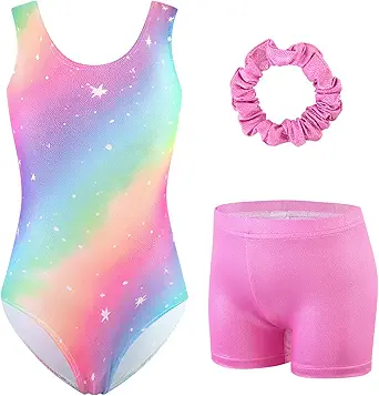 HOZIY Girls Gymnastics Leotards Outfits Sparkly Bow Back Unitards Biketard with Tumbling Shorts Hair band Kids 3-10 Years