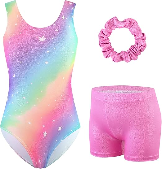 HOZIY Girls Gymnastics Leotards Outfits Sparkly Bow Back Unitards Biketard with Tumbling Shorts Hair band Kids 3-10 Years