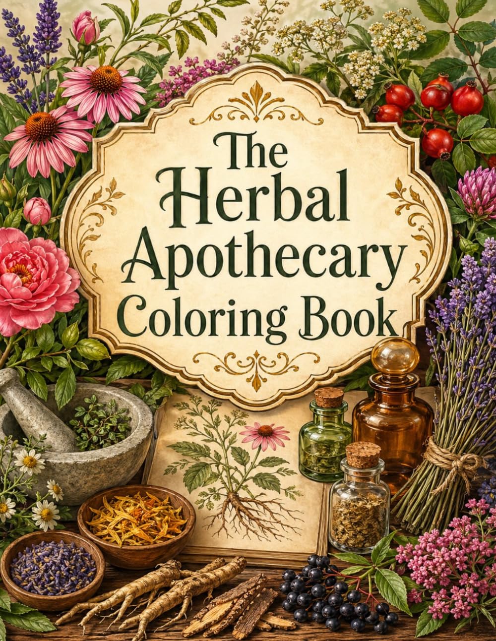 The Herbal Apothecary Coloring Book: 60 Botanical Illustrations of Medicinal Plants with Latin Names — Healing Herbs, Roots, Flowers, Seeds, and Bark with Apothecary Objects for Adults