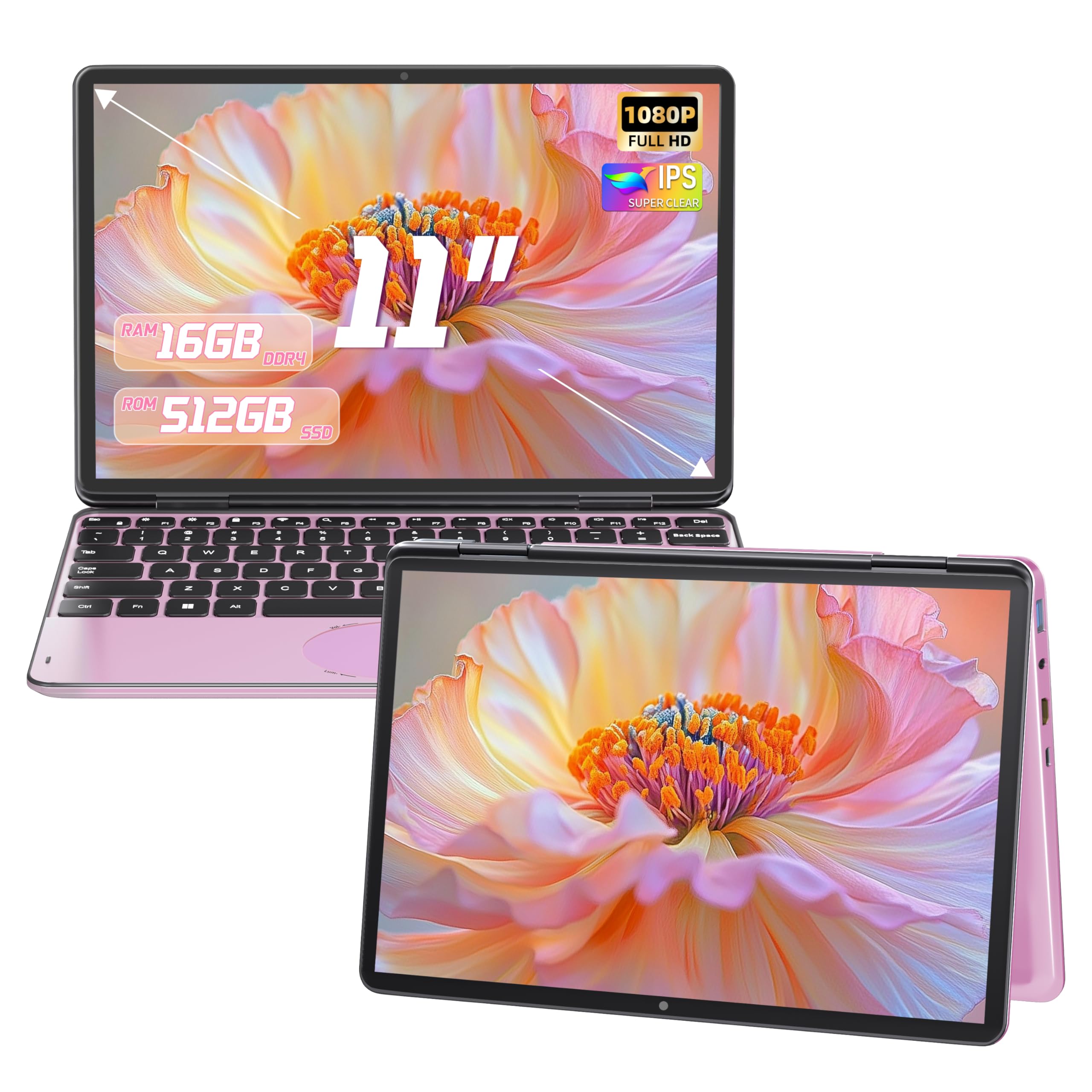 11” 2-in-1 Touchscreen Laptop Pink, FHD 1920x1200 IPS Display