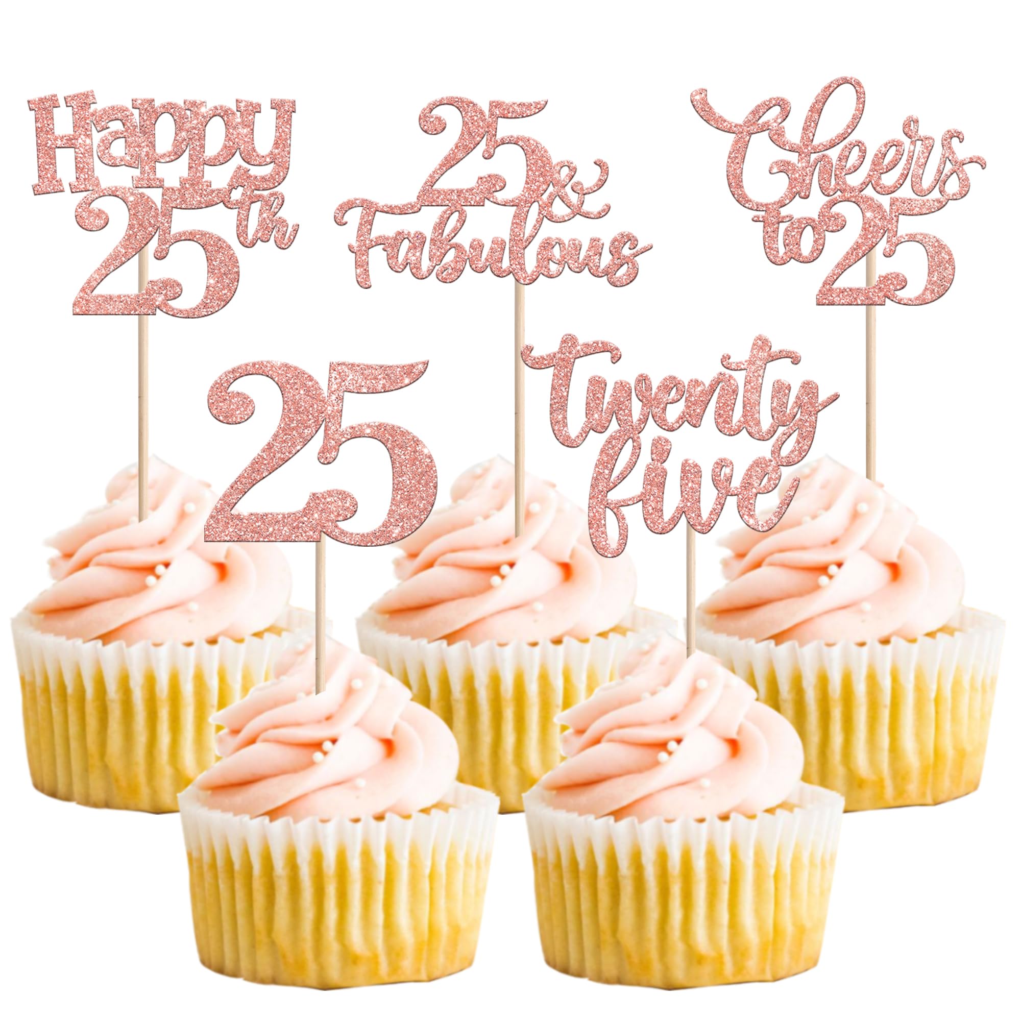 30 PCS Happy 25th Birthday Cupcake Toppers Glitter Twenty Five Hello 25 Cheers to 25 Fabulous Cupcake Picks for Happy 25th Birthday Anniversary Party