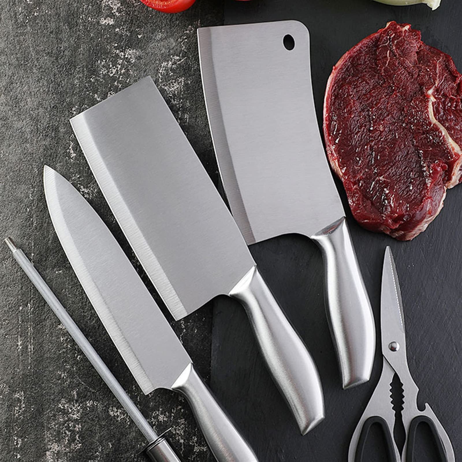 6pcs Cleaver Cleaver Sets de Acero Inoxidable Afilamiento de la Varilla Ginder Kit de Corte de Cortador de Chopper con Bloque de Madera sólida