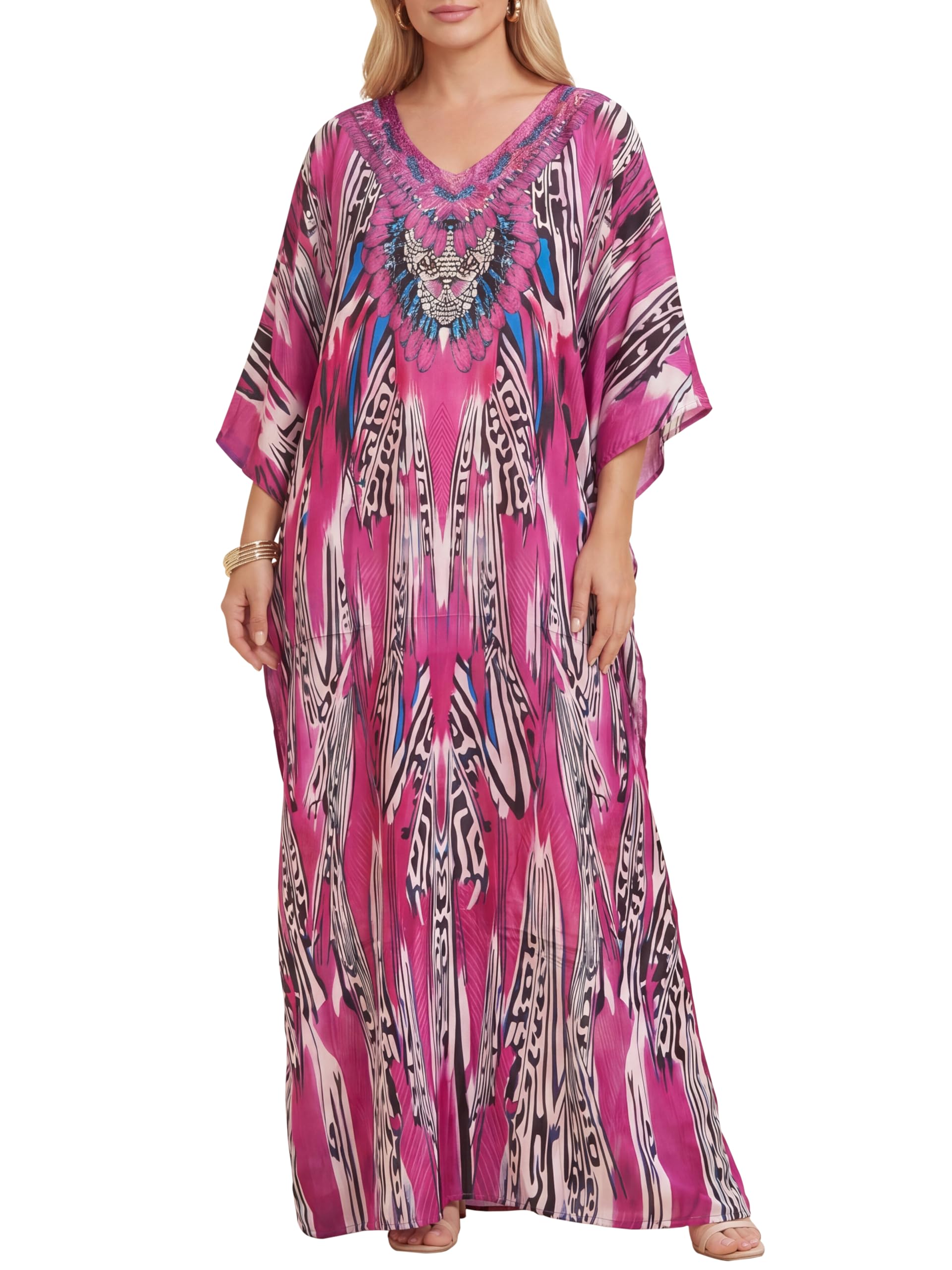 Love My Fashions Women's Fuschia Love My Fashions® Moroccan Kaftans Paisley Print Tunic Long Summer Dress Loungewear Swim Cover Up Beachwear Sundress Casual Nightwear