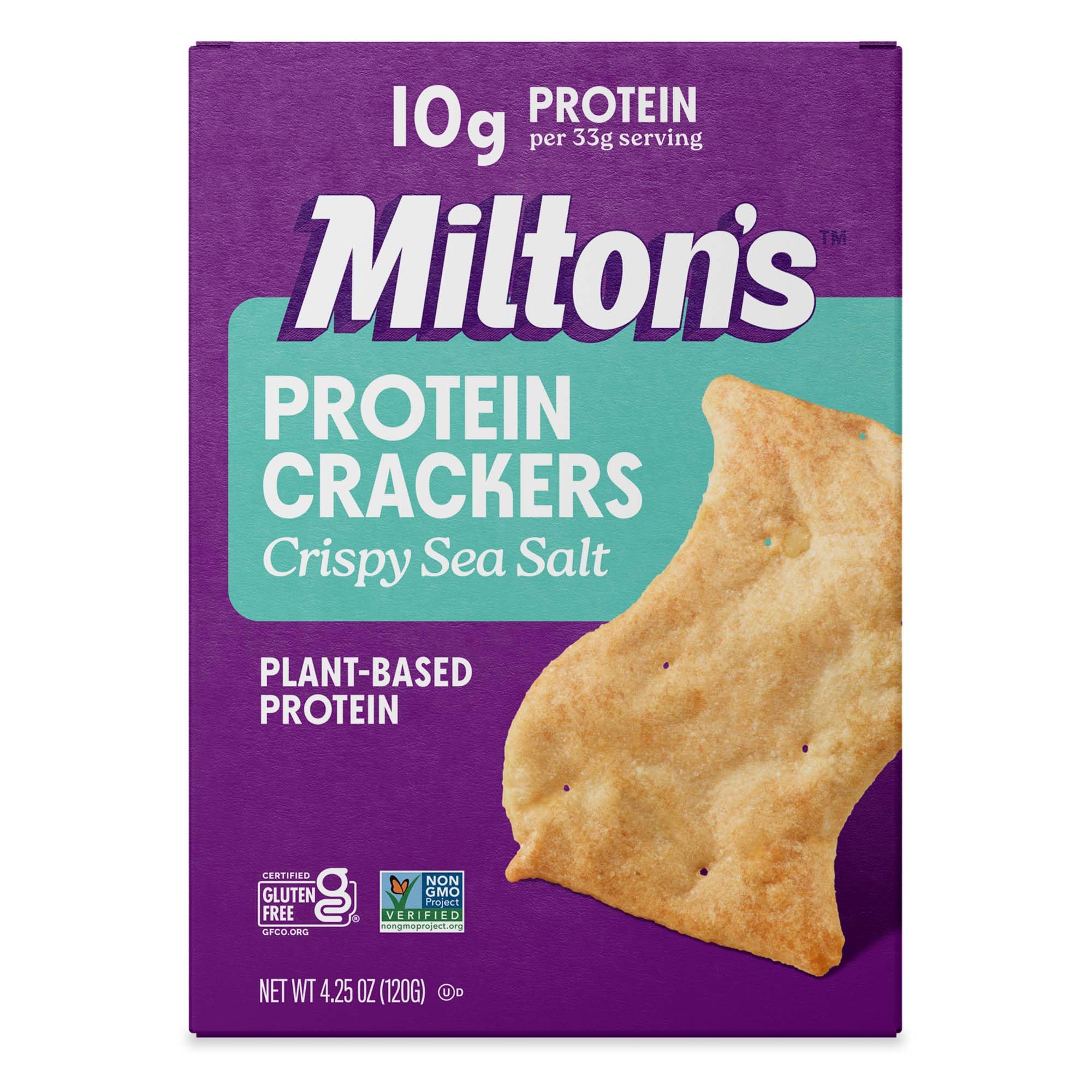 Milton's Protein Crackers, Crispy Sea Salt - 10g of Plant-Based Protein Per Serving, Certified Gluten Free, Non-GMO Project Verified, Vegetarian-Friendly, Zero Grams Added Sugar Per Serving, 4.25 Oz