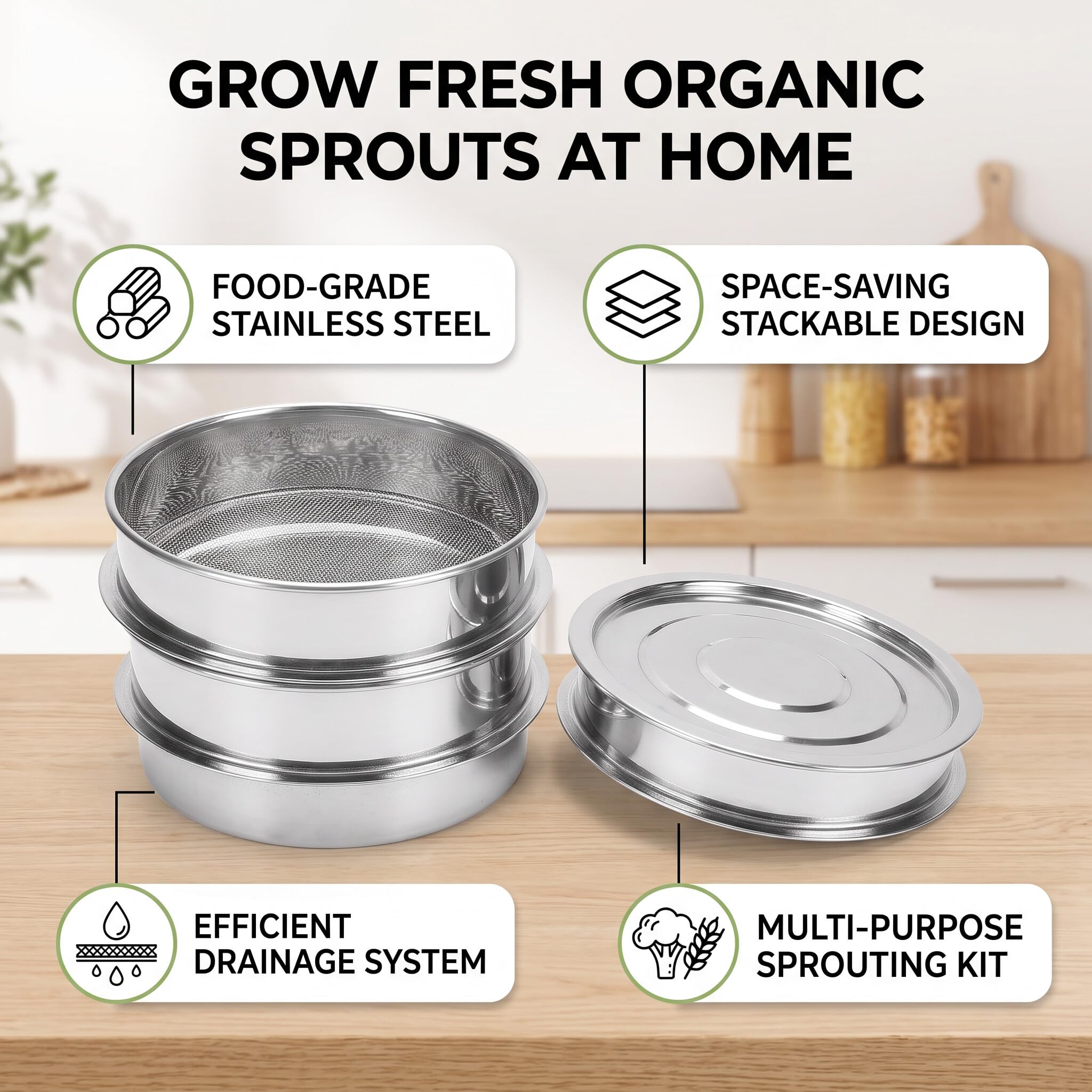 Fafeicy Kit de Germination de Graines, Producteur de Germes en d'acier Inoxydable pour Le Jardinage Domestique, Haricots, Pois avec Drainage Efficace et Conception Empilable (4 Niveaux)