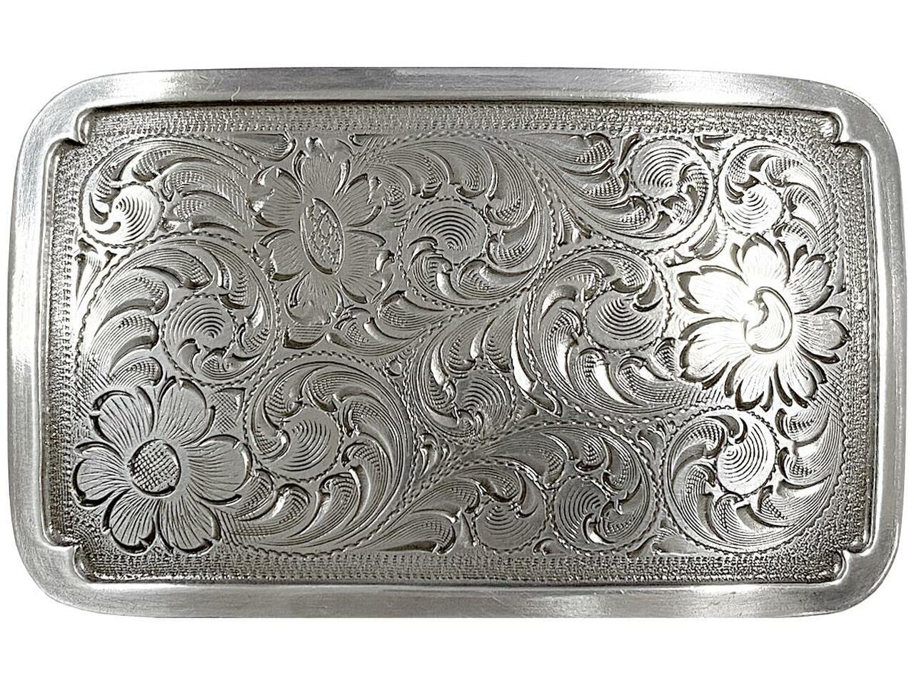 Fivela De Cinto Western - Gravação Floral | Zinco, 8,9x5 Cm | Para Alça De 3,8 Cm