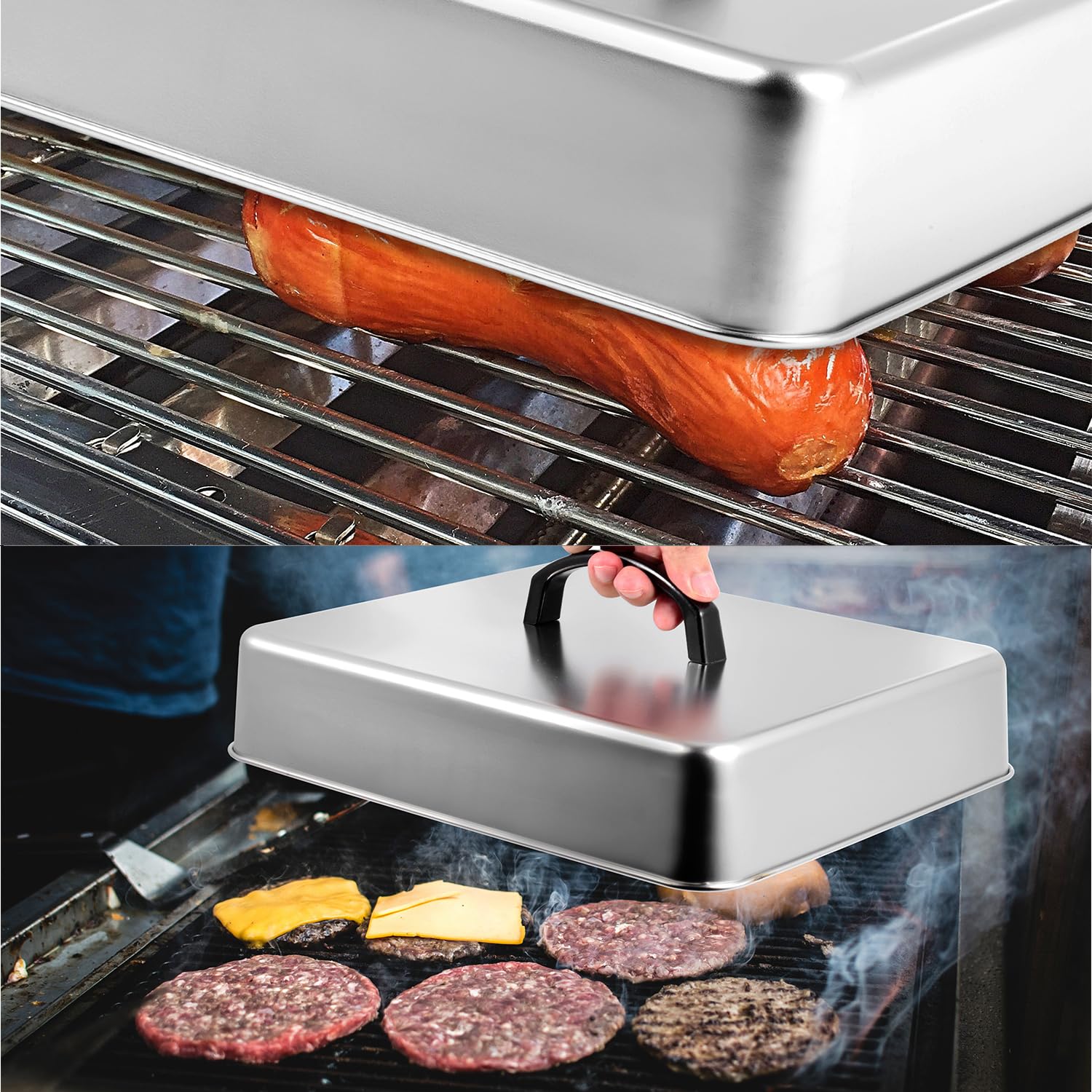 Cubierta rectangular para untar o cocinar al vapor, tapa de parrilla de acero inoxidable para derretir queso o cocinar alimentos al vapor, paquete de 2