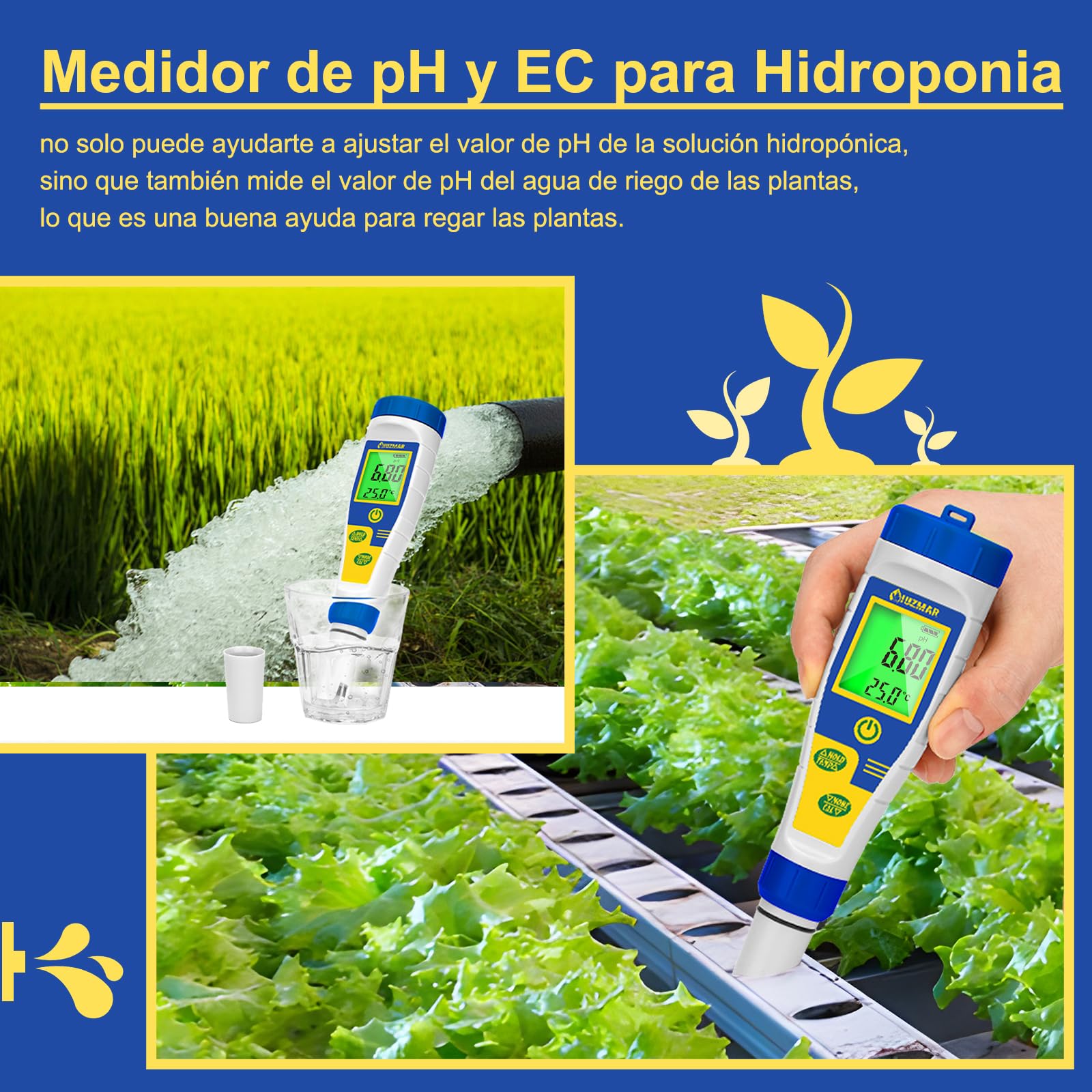 UIUZMAR Medidor de Sal Piscinas, Medidor Digital de Salinidad y pH Piscina Digital, Pantalla Más Grande, 5 en 1 Medidor de pH/Sal/EC/TDS/Temp para Hidroponia, Acuario, Spa, Agua