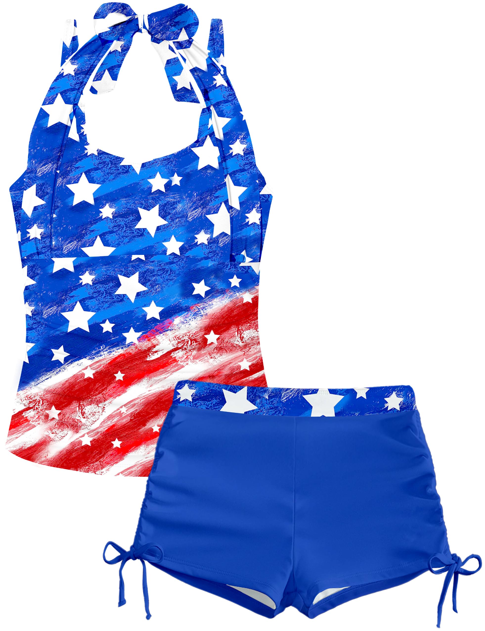 Girls Swimsuit 2 Piece Halterneck Girls Tankini Swimsuit Drawstring Printed Swim Shorts Girl Bathing Suit for 7-18T