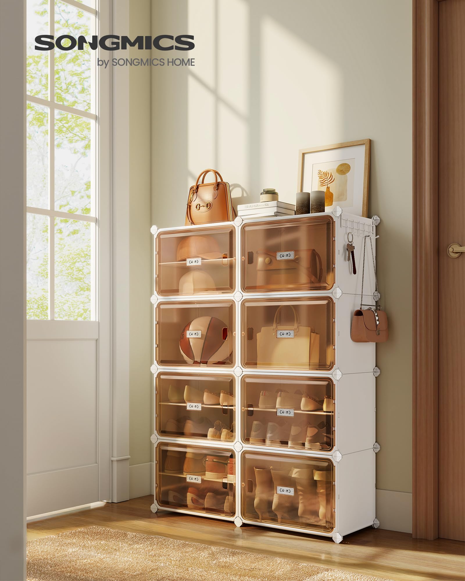 SONGMICS Zapatero de 8 Compartimentos, Zapatero Modular para Recibidor, 30 x 45 x 30 cm por Cubo, Puertas Transparentes, Metal, 32 Pares, Dormitorio, Blanco Nube y Marrón Transparente LPC054WH01