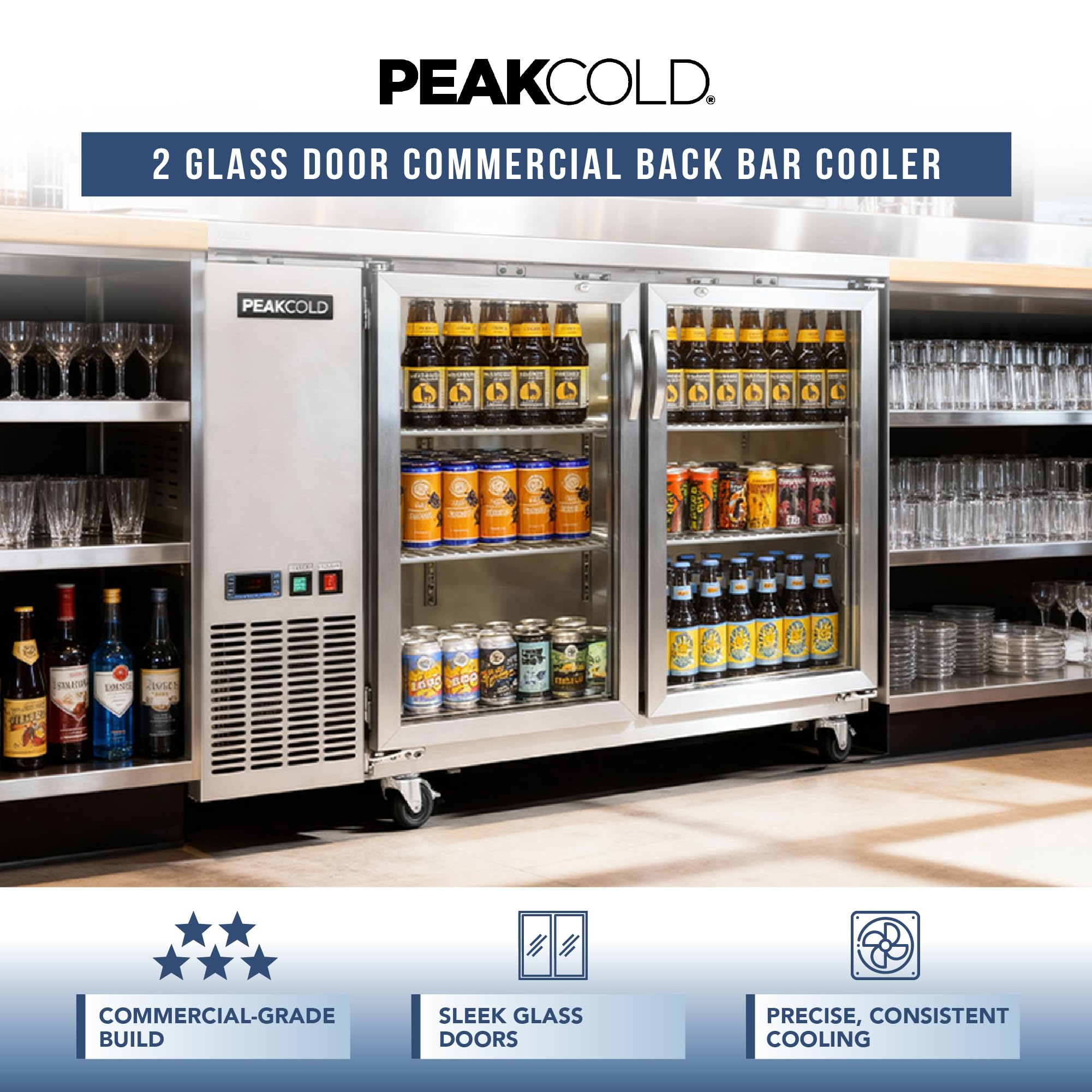 Peakcold 2-Door Counter Height Beverage Refrigerator - 49" Wide Energy Efficient Stainless Steel Beer Fridge With Glass Doors & White LED Lighting - Commercial Back Bar Cooler on Fridge.com - View 2