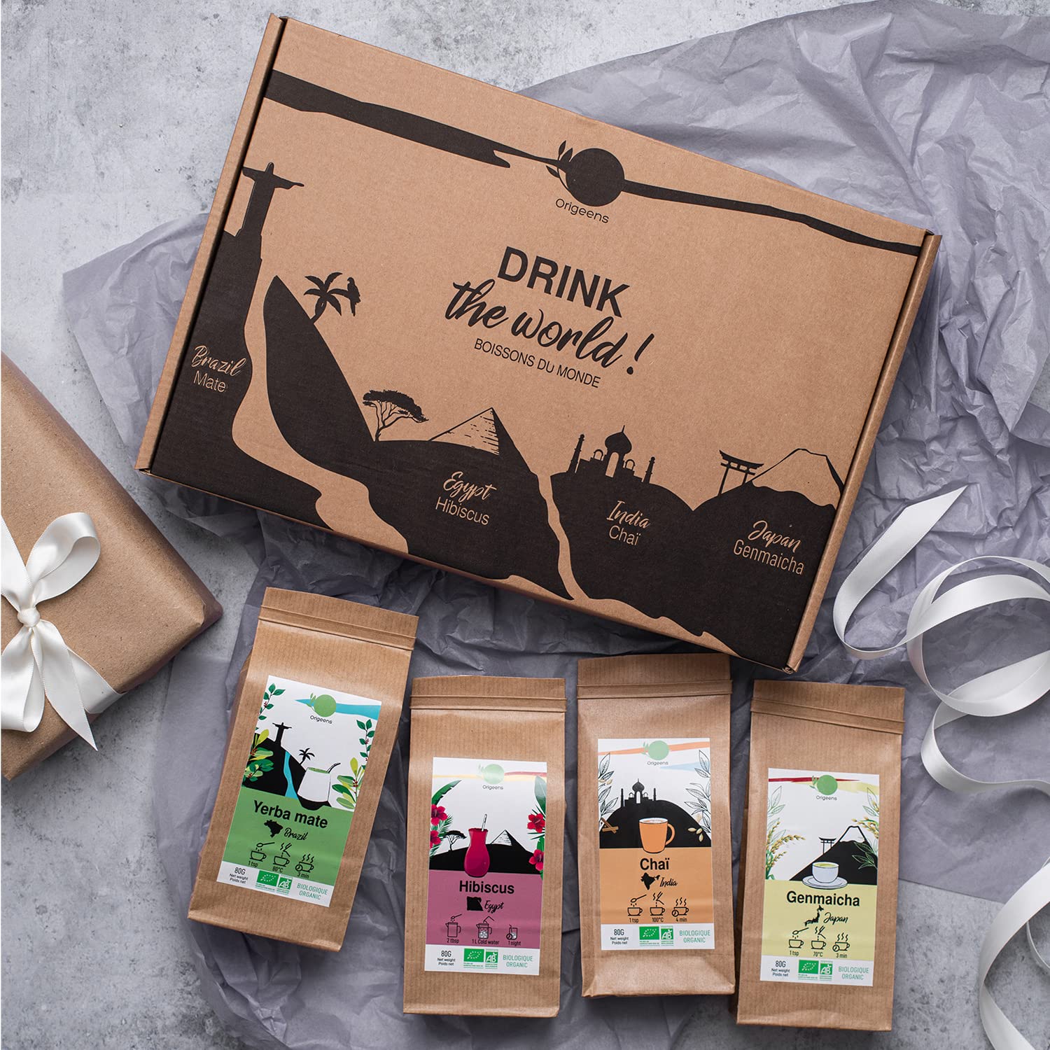ORIGEENS COFFRET THÉ BIO BOISSONS DU MONDE - Hibiscus, Maté, Thé Chai, Thé vert Genmaicha - Assortiment thé 4x80gr - Coffret thé à offrir