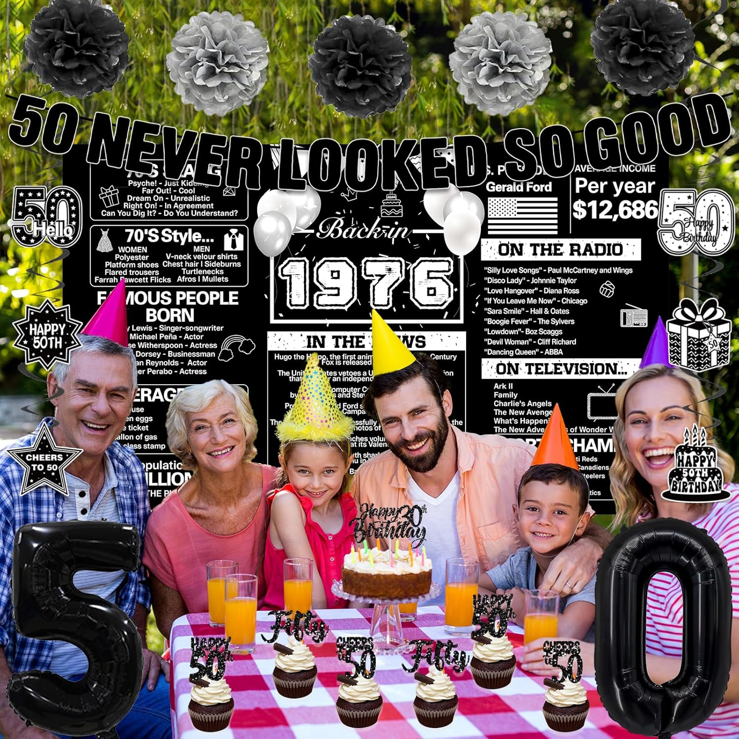 Crenics Black 50th Birthday Decorations for Men Women - Back in 1976 Backdrop, Banner, Paper Pom Poms, Hanging Swirls, Cake Topper and Balloons for 50 Birthday Party Supplies