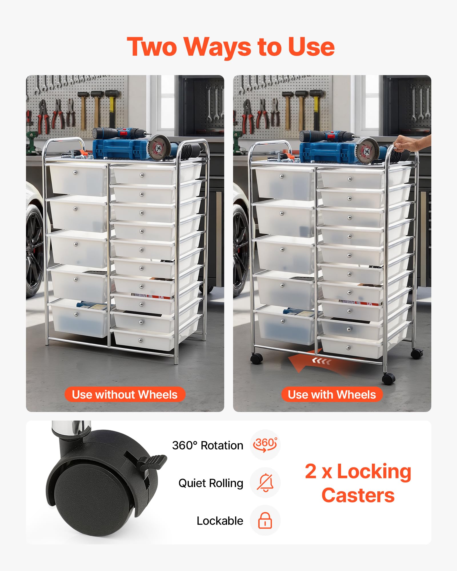 VEVOR Carrello Multiuso con Cassetti Organizer a Doppia Fila con 15Cassetti, Carrello Portaoggetti, Telaio in Acciaio Cromato, Ruote Girevoli a 360° con 2 Freni, Ideale per Ufficio, Garage e Studio