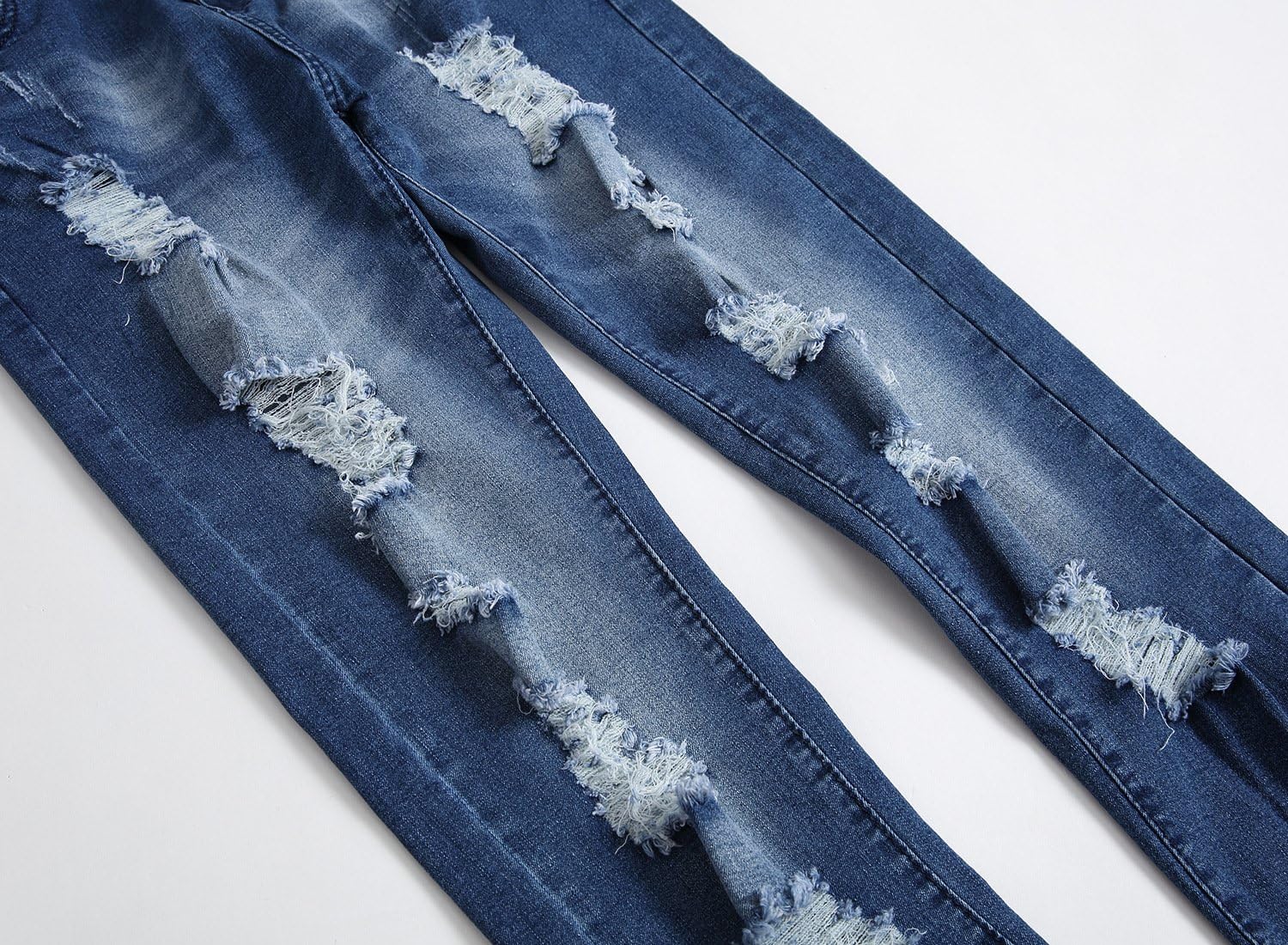 FREDD MARSHALL Men's Blue Ripped Destroyed Distressed Slim Fit Stretch Fashion Denim Jeans Trousers