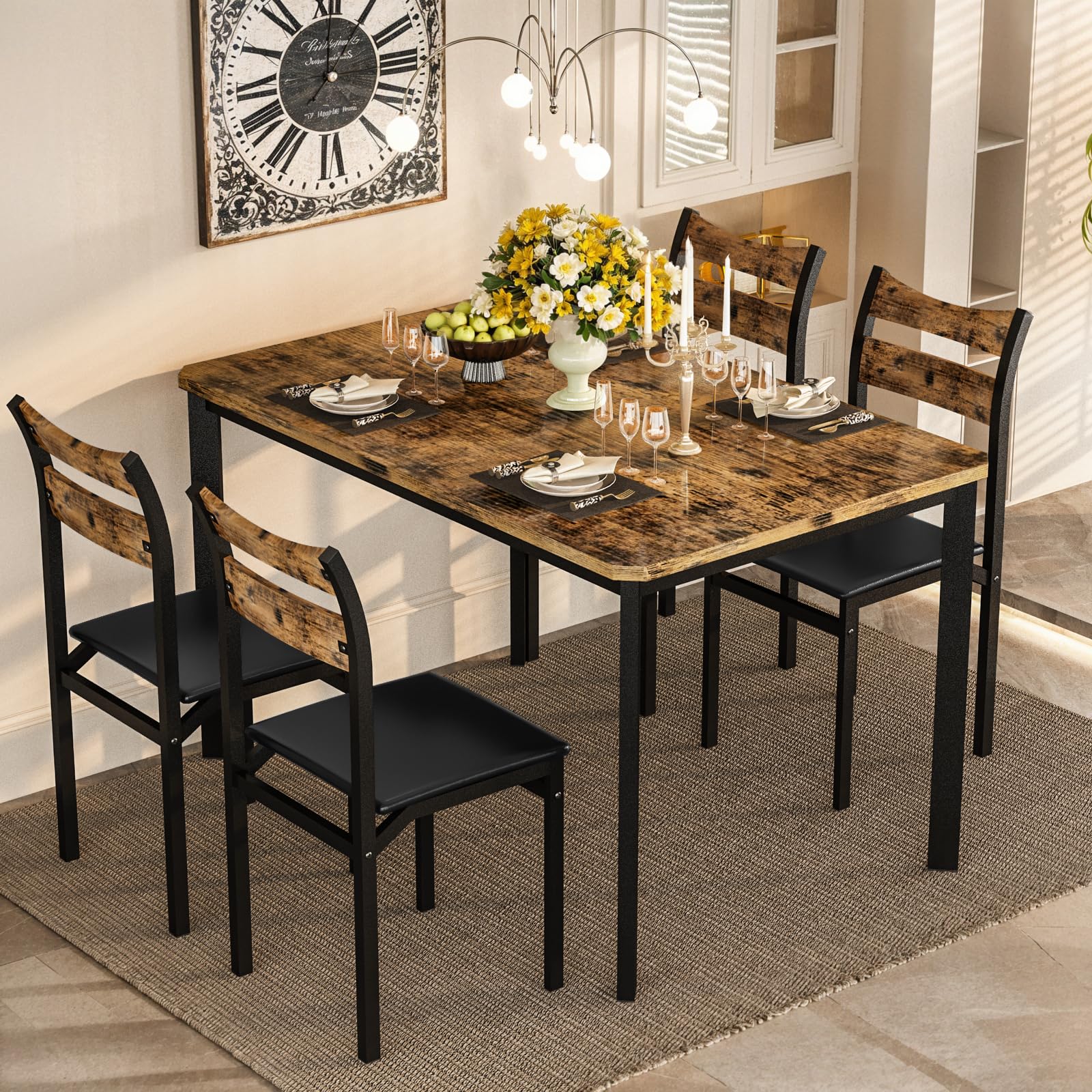 DKLGG Dining Table Set for 4, 43.3" Dining Room with 4 Upholstered PU Leather Chairs, Modern Wood Table and Chairs Set, 5-Piece Dinette Breakfast Nook