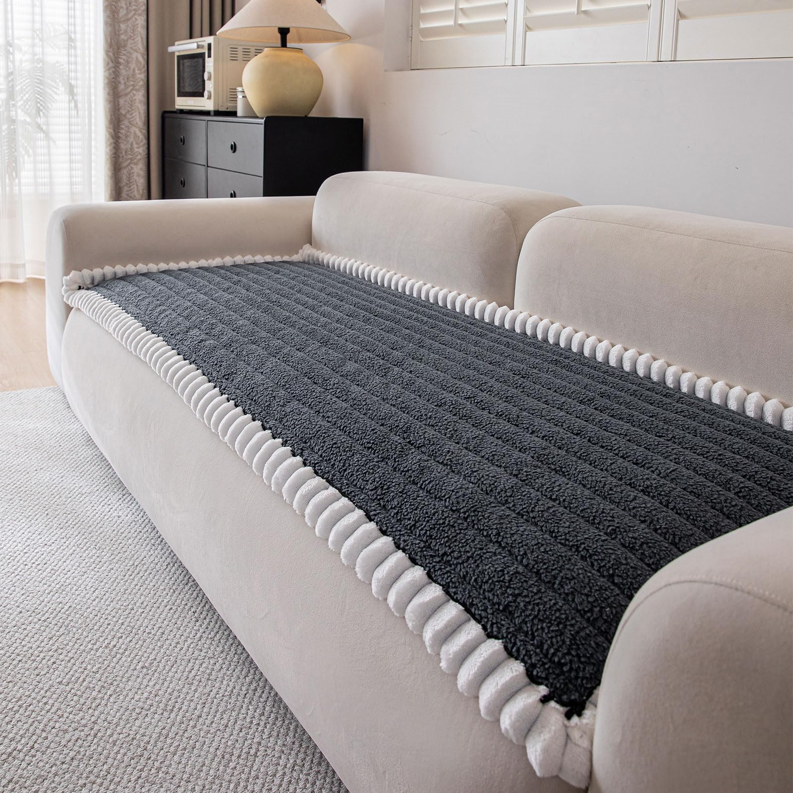 DREAMINGO Non Slip Couch Cover for Dogs Fuzzy Pet Sofa Covers Washable Thick Plush Sofa Slipcover Striped Texture Dark Grey Cushion Protector Dog Cat Bed Mat 27.6x59.1 Inch — image 1