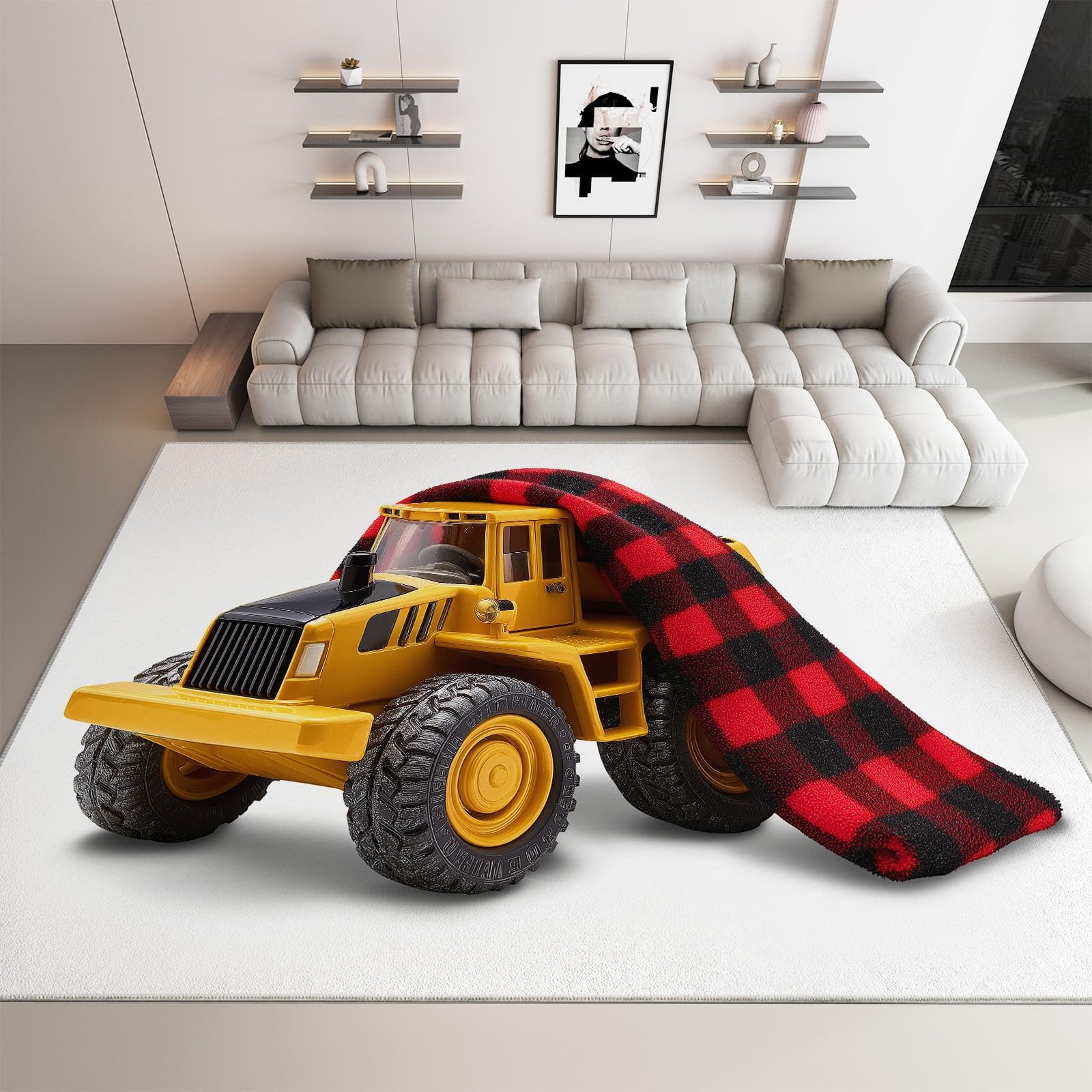 Tappeto lavabile 120 x 170 cm per cameretta, corridore antiscivolo camion costruzione nero rosso scacchi per camera da letto - tappeti stampato stile minimal a pelo corto per sala da pranzo ufficio