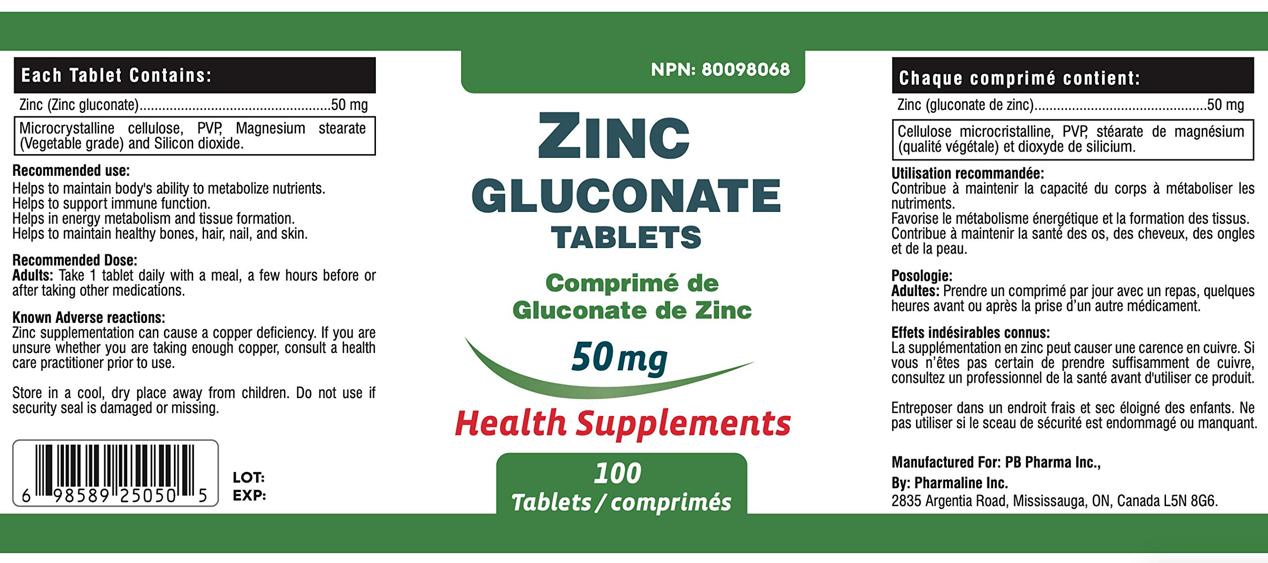 Zinc Gluconate 100 Tablets 50mg (Canadian Packaging) Buy Online in UAE