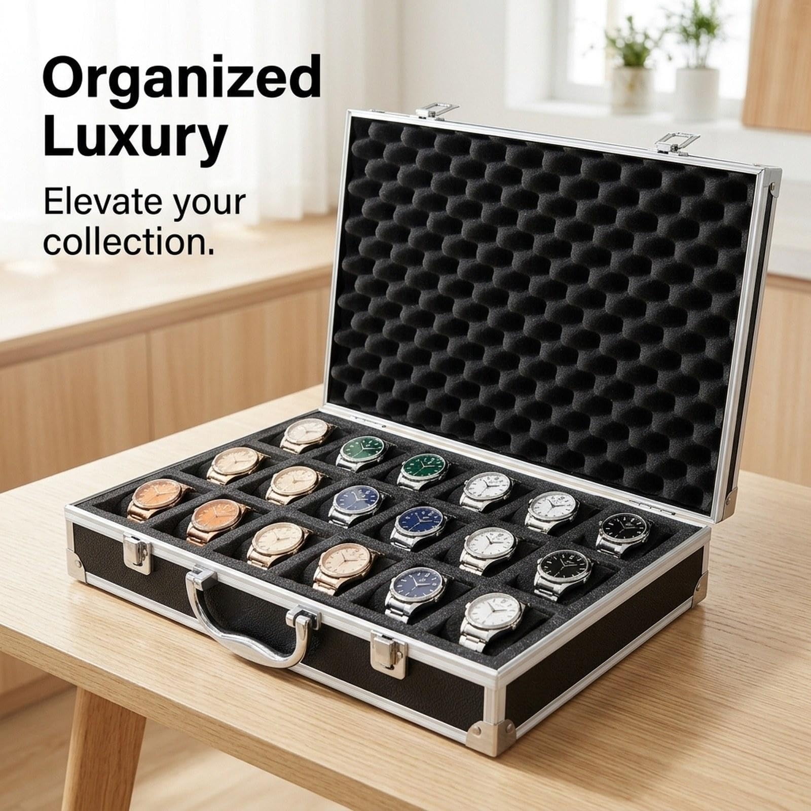 Amagogo Caja almacenamiento para relojes, estuche rígido aleación aluminio, estuche regalo para exhibición y colección, organizador para relojes, Negro, 18 Ranuras