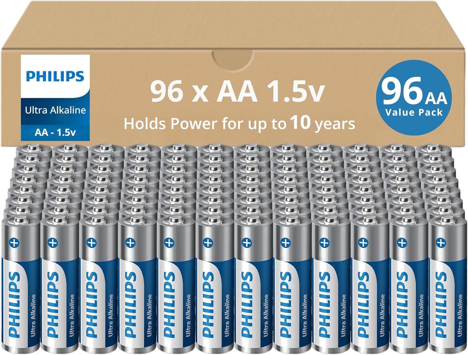PHILIPS AA Batteries 96 Pack | 1.5v Ultra Alkaline Double A Battery | 132% More Power Then Industry Standard | Long-Lasting | 10-Year Shelf Life | Ideal for Indoor & Outdoor Use | Premium Performance.
