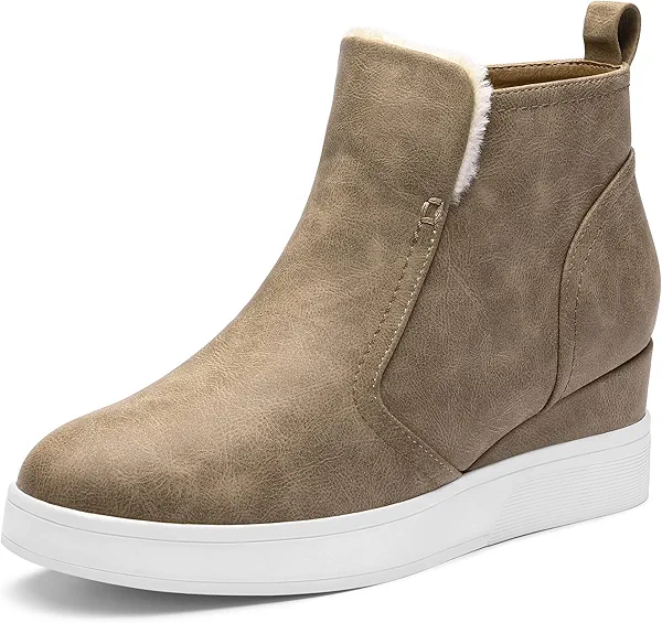 DREAM PAIRS Women’s Slip on High Top Wedge Sneakers Hidden Heel Platform Wedgie Ankle Booties,Size 8,Taupe/pu,DAB218