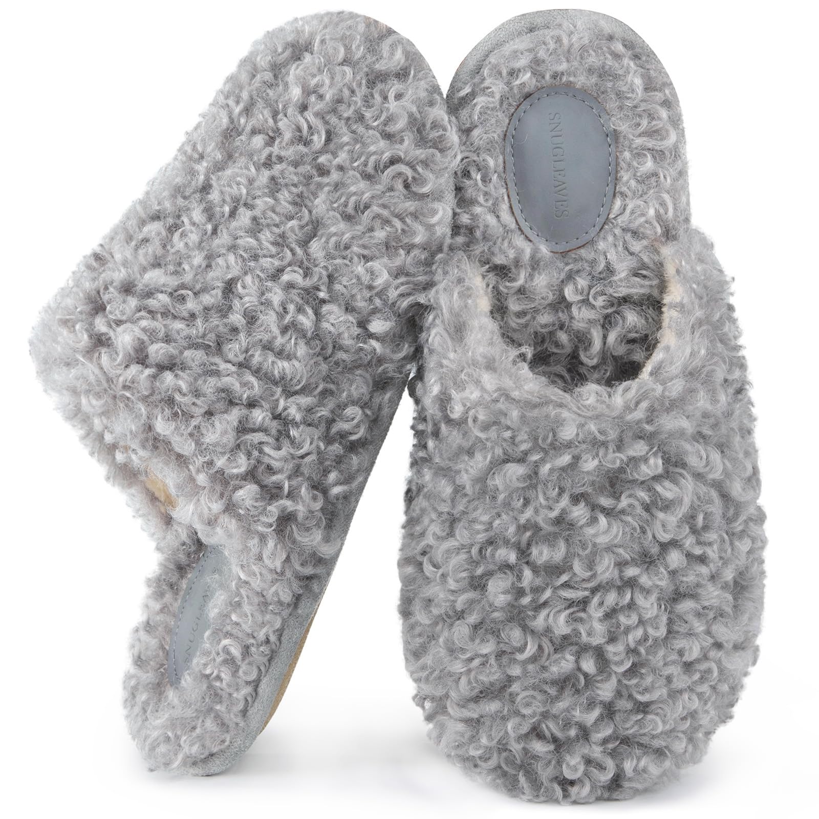 Snug Leaves Women's Scuff Slippers Furry Cute Curly Faux Wool Slip-on Indoor Memory Foam House Shoes