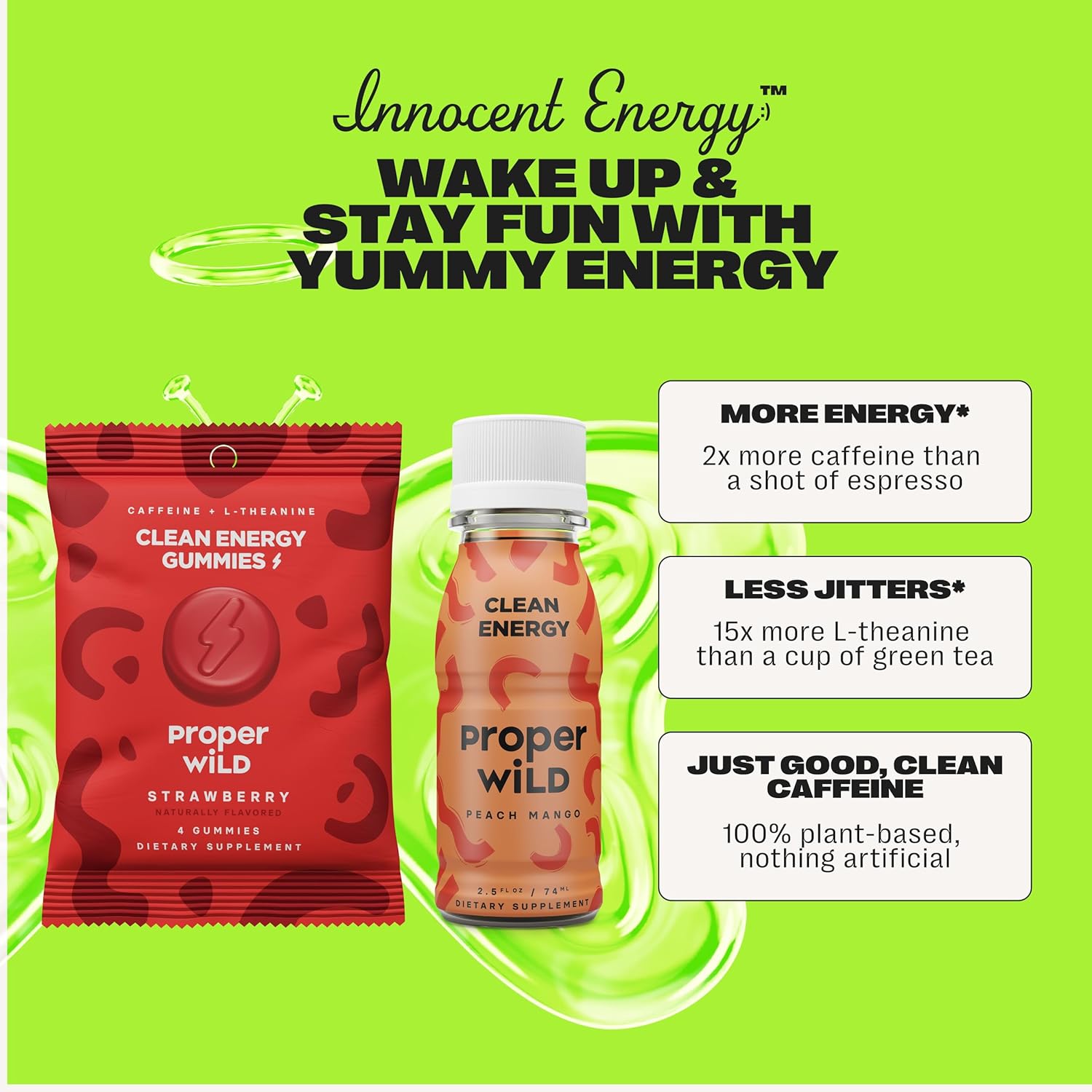 Proper Wild Clean Energy Bundle – Originals Variety Energy Shots (6-Pack) + Strawberry Energy Gummies (10-Pack) – Organic Caffeine + L-Theanine, Plant-Based