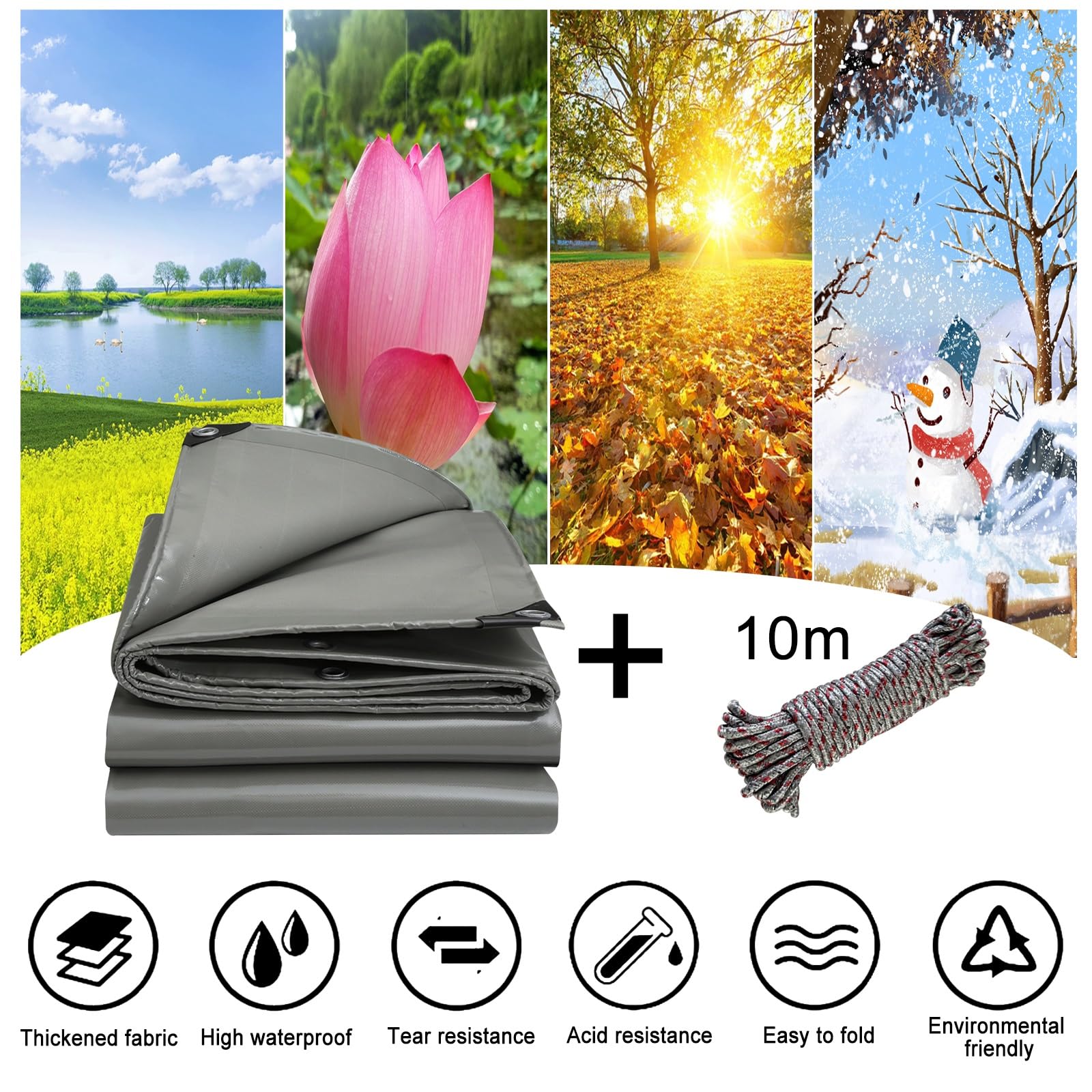 Lona Impermeable Reforzada 6 x 6 m Resistente a La Intemperie, Plegable, con Cuerda 10M Lona de Tienda de Campaña para Muebles de Jardín, Barco, Gris