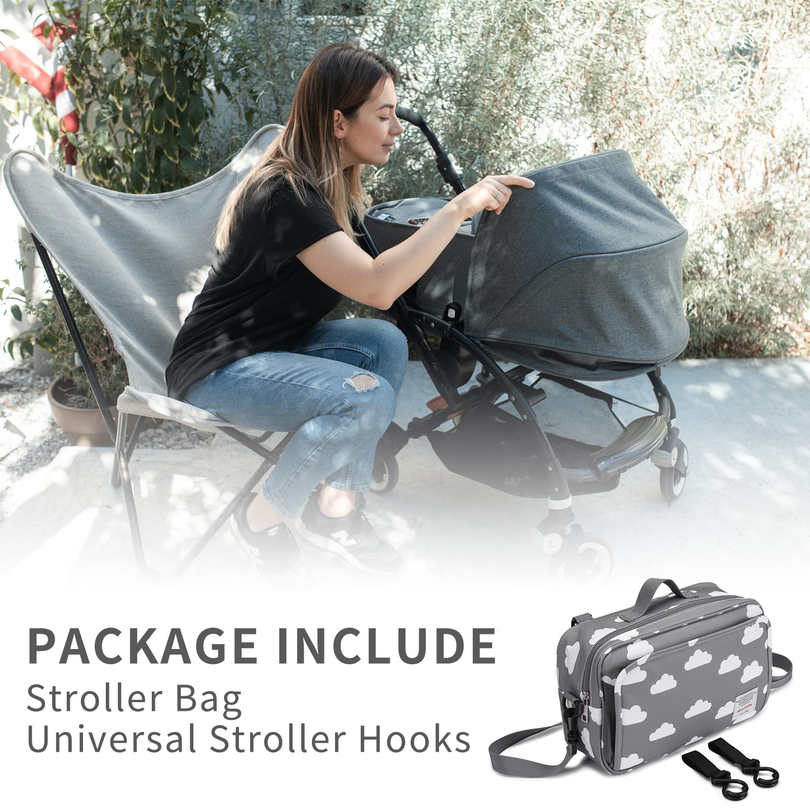 Rutschfester Kinderwagen-Organizer für Windeln mit isolierter Tasche, Kinderwagenhaken und verstellbarem Gurt, universell passend für alle Kinderwagen, Grau