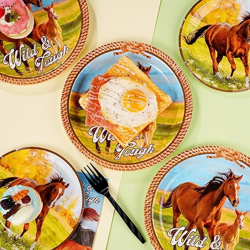 Miniatura 4 de 96 piezas de suministros para fiestas de caballos, platos de caballo, vajilla de caballo, incluye platos de papel de caballo, servilletas,