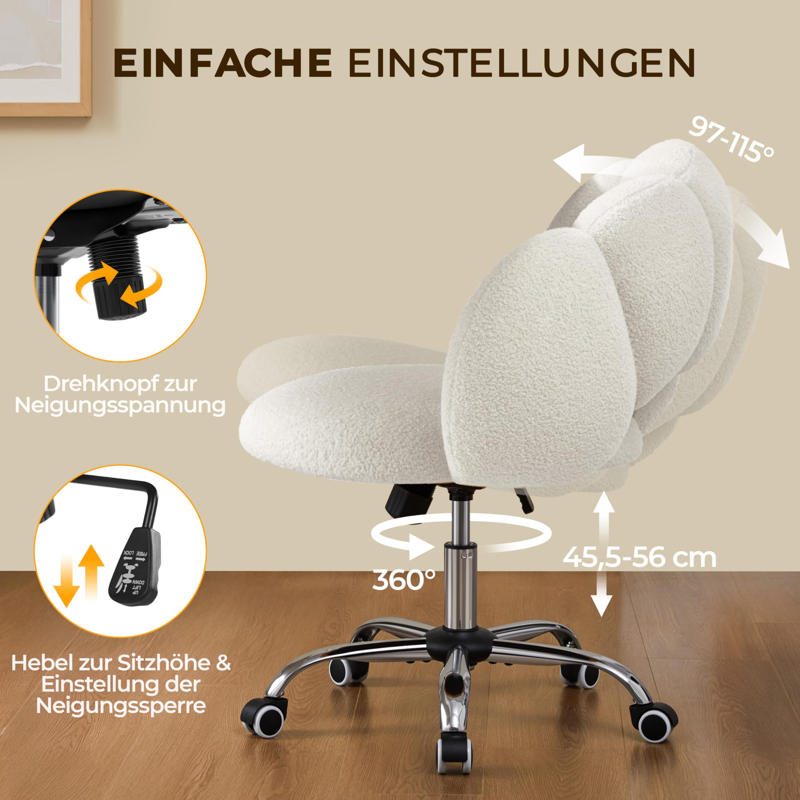 Yaheetech Schreibtischstuhl Bürostuhl Ergonomisch Bürosessel in Wolkenform Schminktischstuhl bis 136 kg Belastbar Computerstuhl Höhenverstellbar für Schlafzimmer Büro Wohnzimmer Weiß