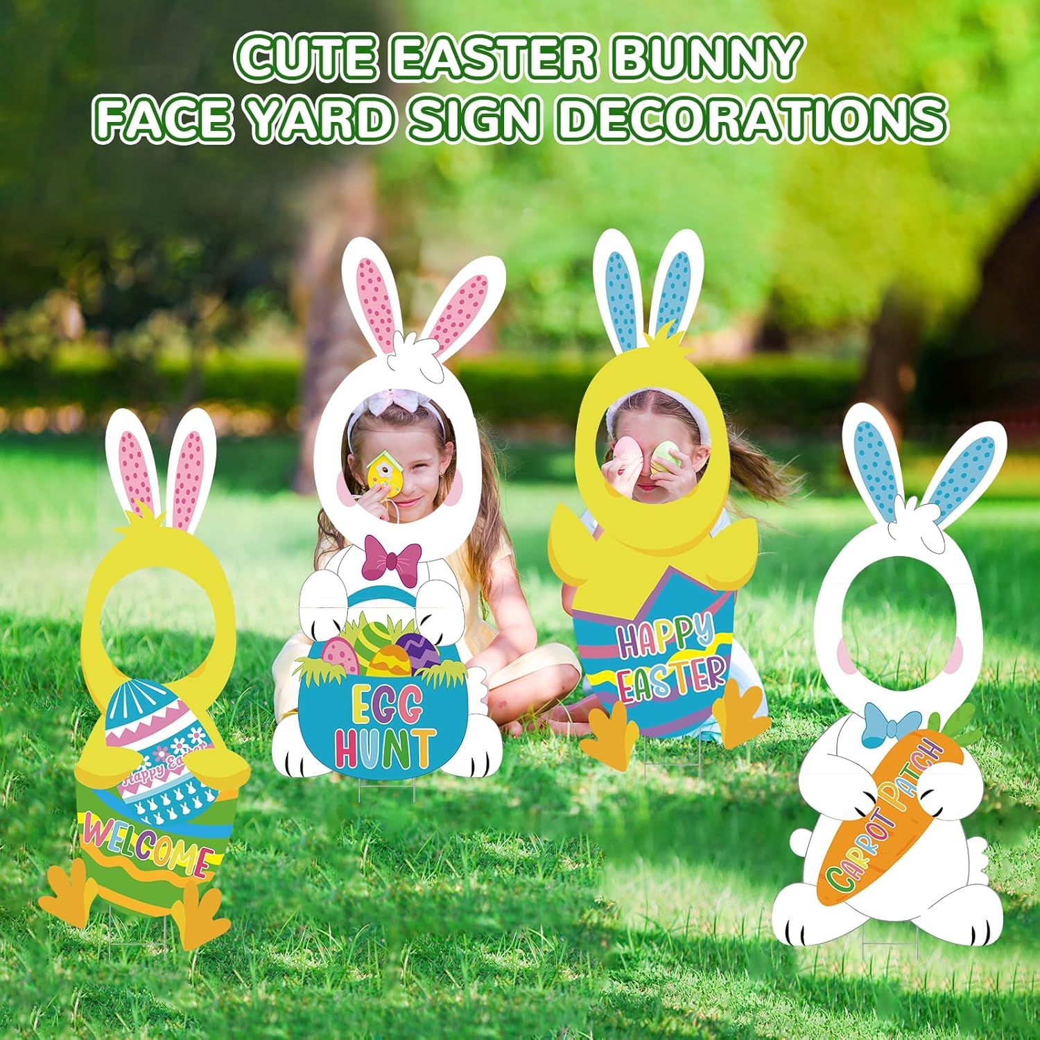 4PCS Easter Yard Signs Large 35.35x15.35 Inch, Bunny & Chick Faces Outdoor Waterproof Easter Decorations, Spring Garden Lawn Decor for Egg Hunt, Family Photos, Party Supplies