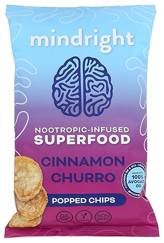 Mindright Chips de superalimentos con infusión nootrópica, churro de canela, hechas con 100% aceite de aguacate, deliciosamente reventadas, no
