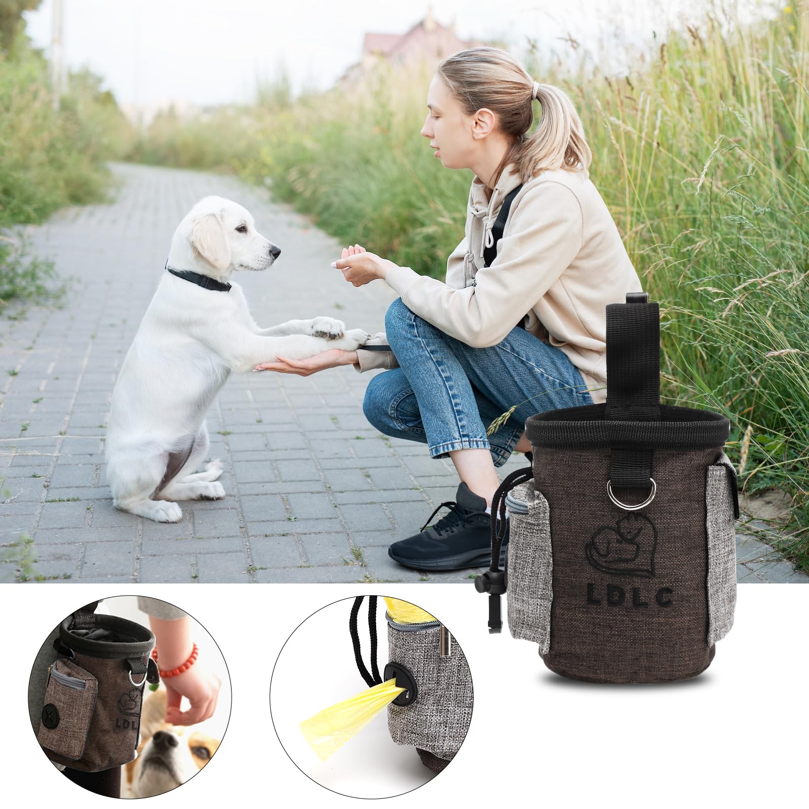 HENGBIRD Borsa per il cibo per cani e cani, borsa per cani per addestramento del cane con dispenser di sacchetti e cintura regolabile con frisbee giocattolo per animali domestici