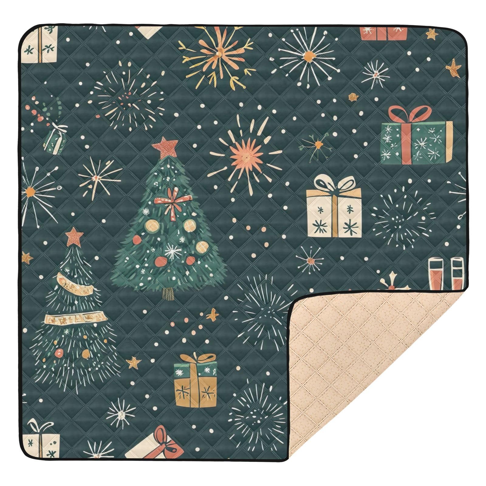 BOESI Doodle Christmas Tree & Gift Box Baby Play Mat, 50“ X 50” Washable Folding Crawling Mat, Baby Floor Mat, Soft, Thick, Non-Slip
