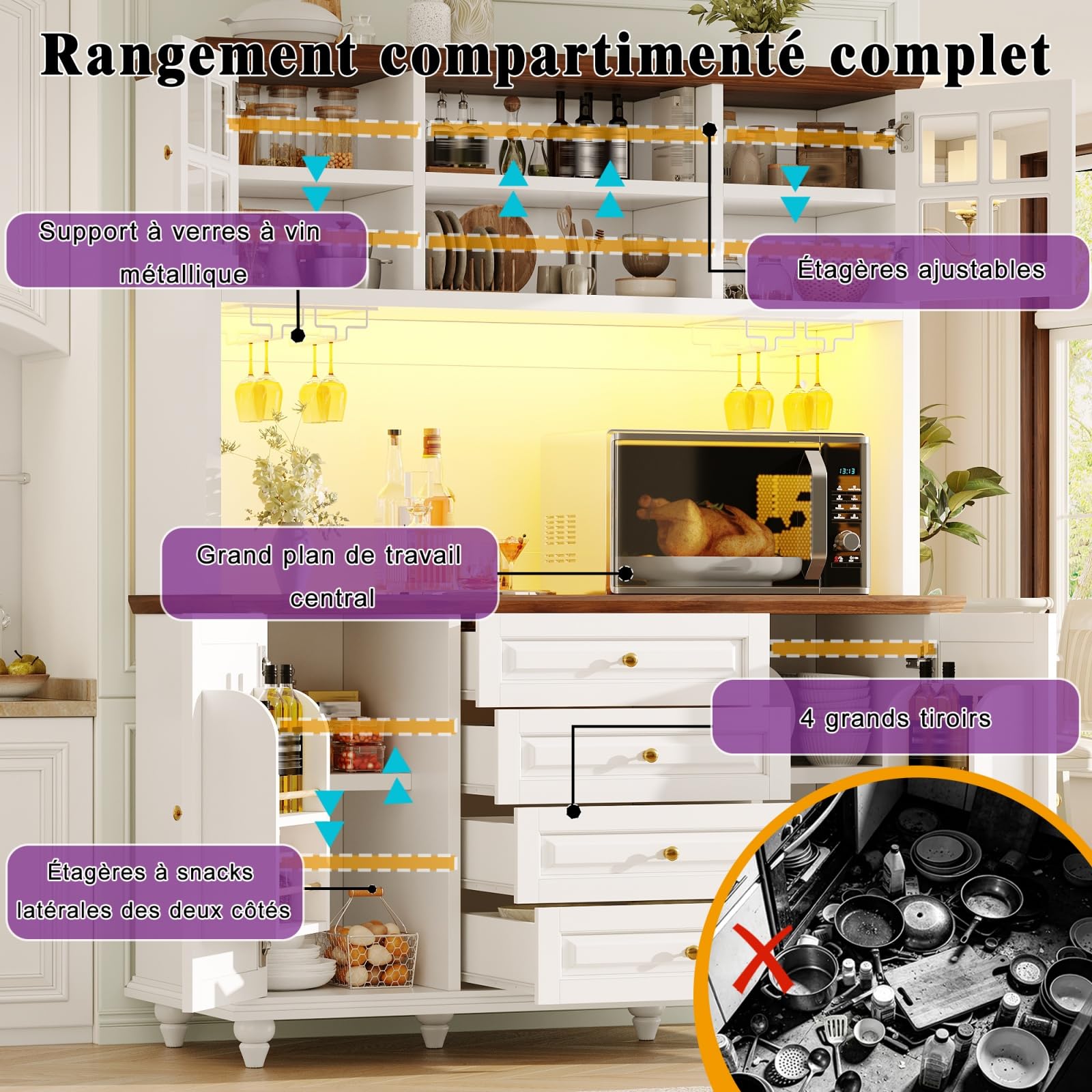 Meuble Cuisine avec Éclairage LED et Plan de Travail, Buffet Haut Cuisine