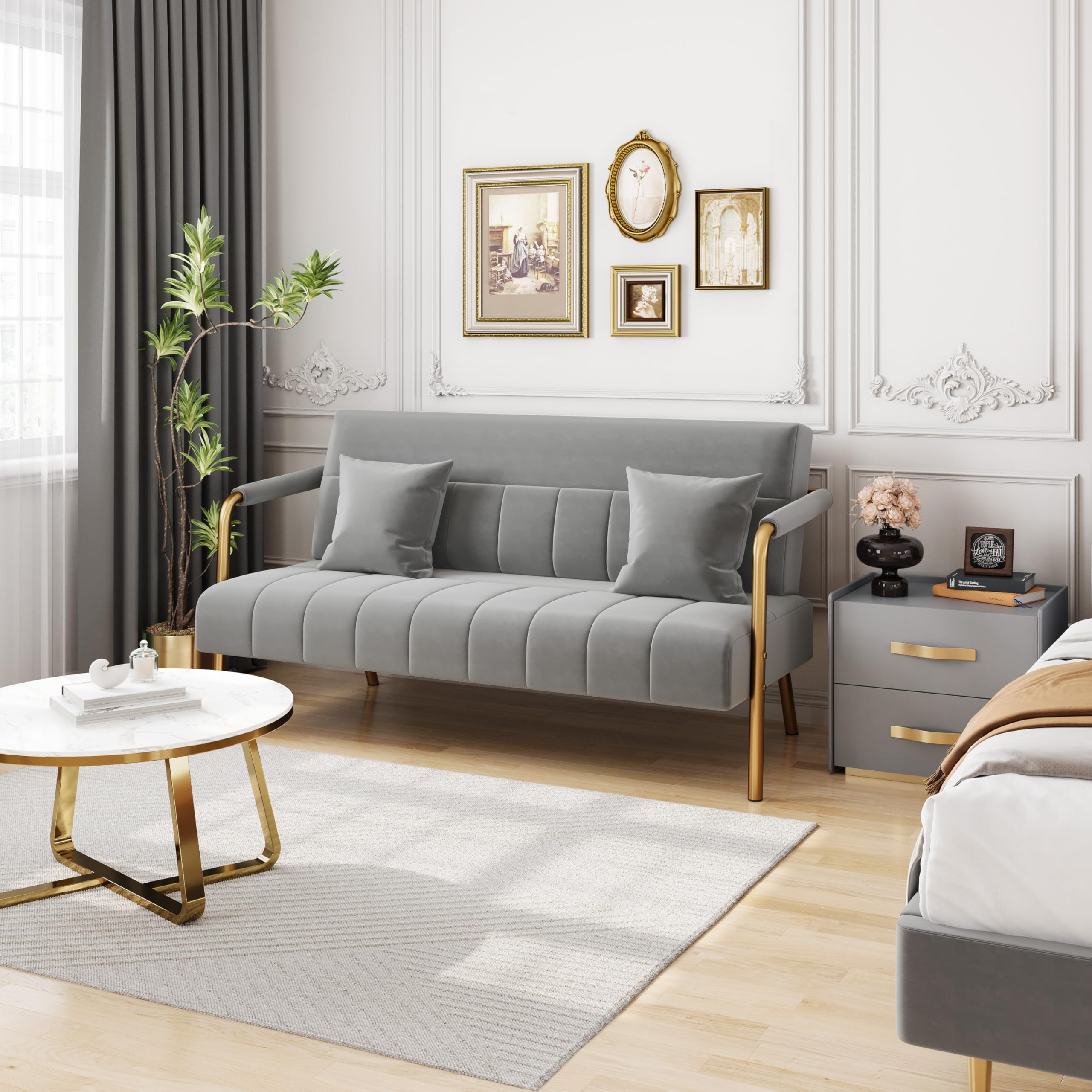 Yaheetech Divano Imbottito a 2 Posti in Velluto Divanetto da Salotto con Braccioli 143,5 cm × 71,5 cm × 75,5 cm Sofa Moderno con 2 Cuscini Divano per Soggiorno Camera da Letto Grigio Chiaro