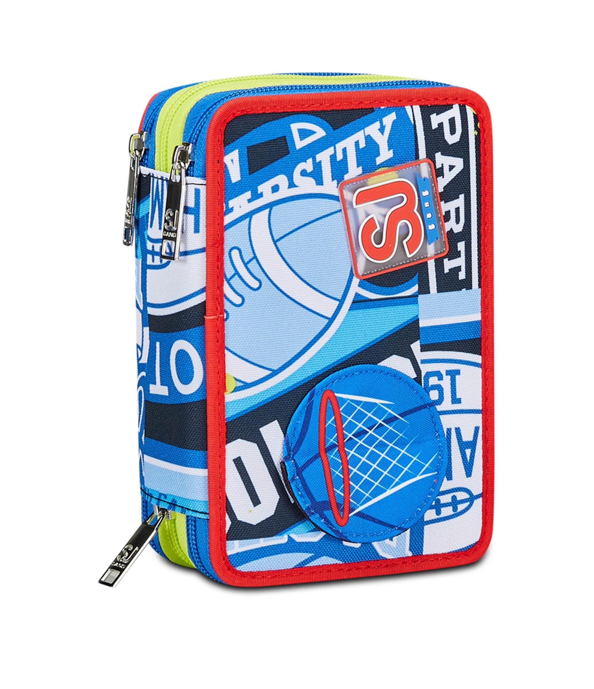 SJ Gang Astuccio Scuola 3 Zip, Blu, RealBasket, Portapenne Triplo Scomparto Completo Di Penne, Matite, Colori, Accessori Zaino, Elementari, Medie, Bambino, 30C202406-535