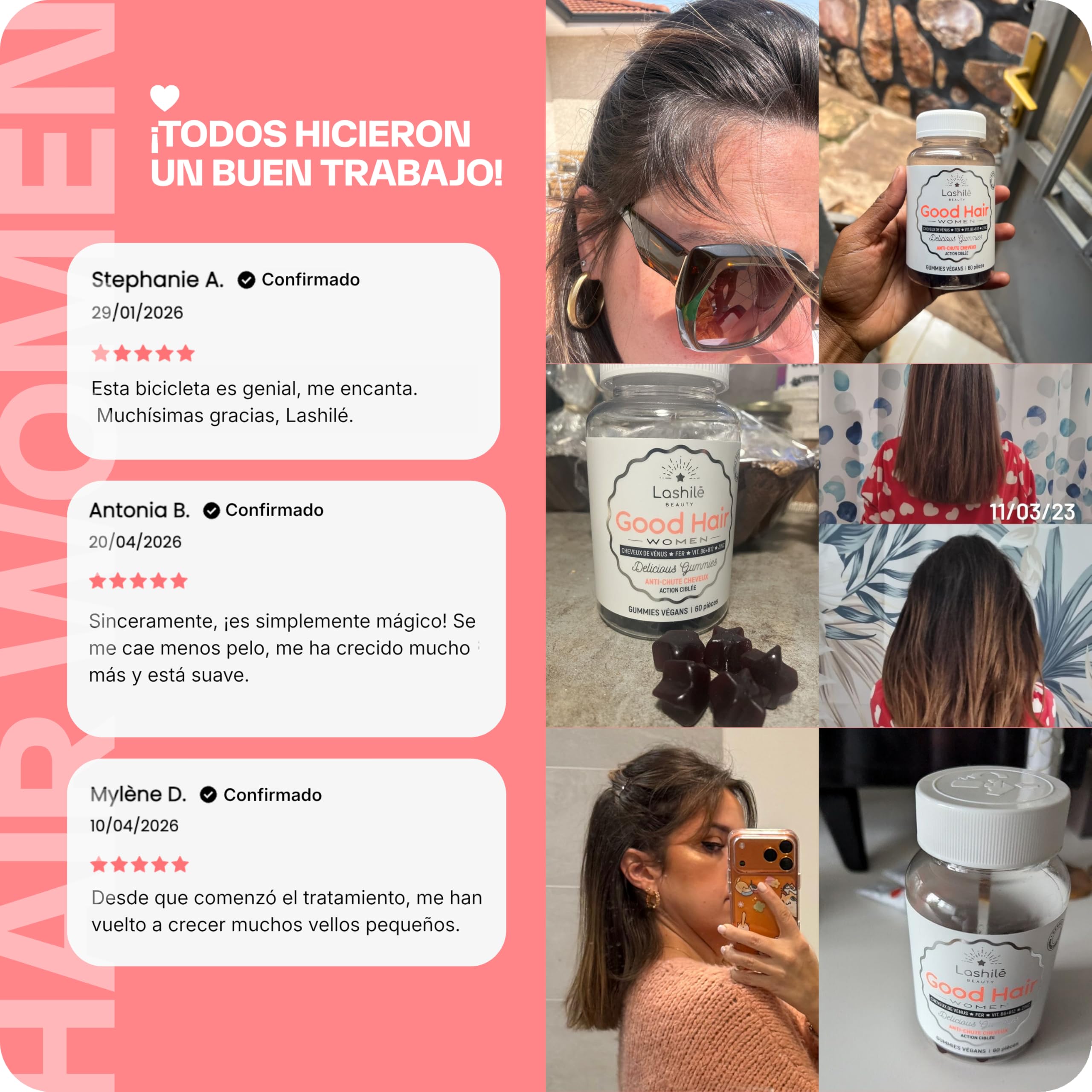 Lashilé Beauty - Complementos Alimenticios - Anticaída del Cabello, Crecimiento y Fuerza - Good Hair Women Vitamines - Fabricado en Francia - Biotina, Zinc, Hierro, MSM, Vitamina B6-180 Gummies