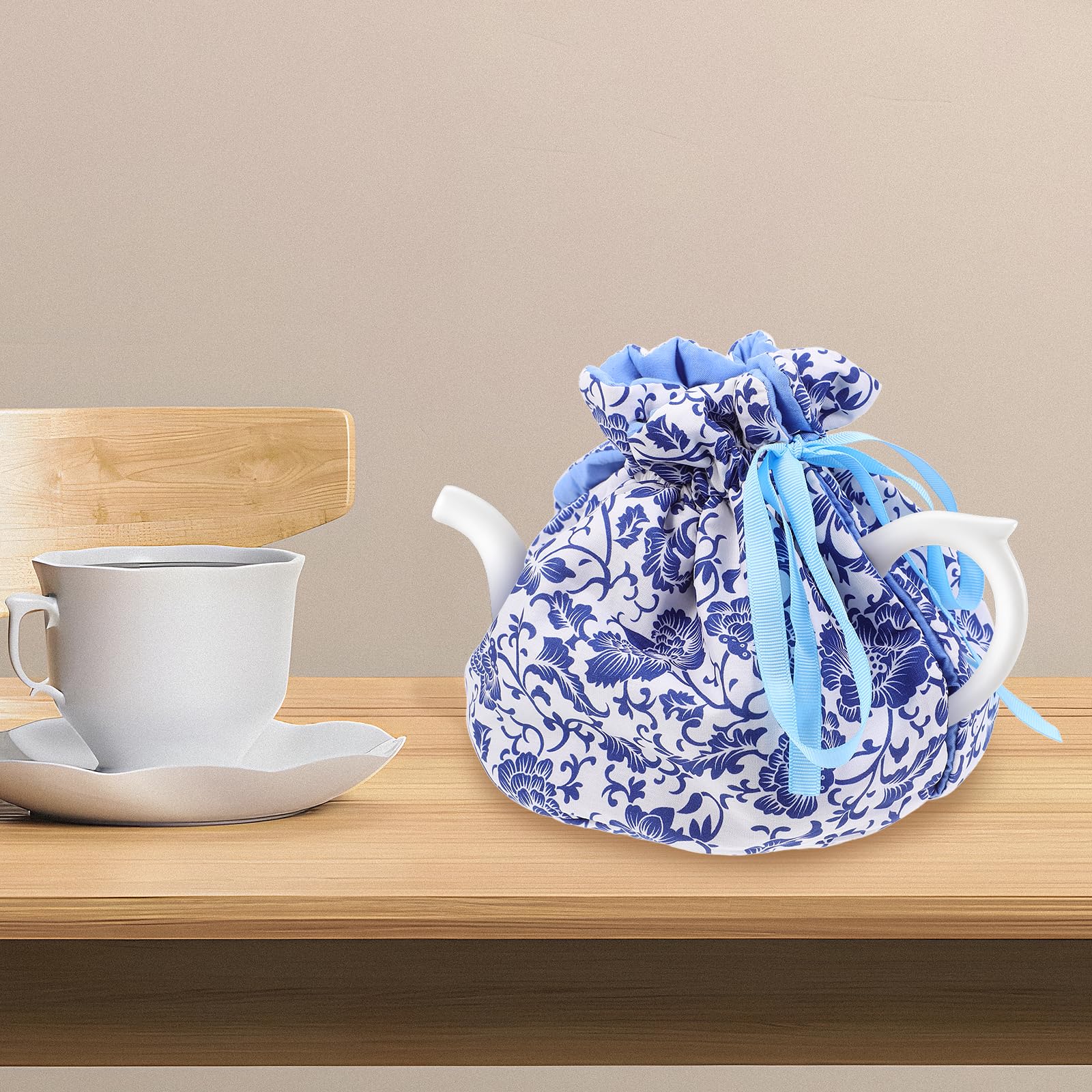 LUOZZY Cotton Tea Cozy Vintage Flowers Pattern Teapot Warmer with Ribbons Garden Style Decorative Teapot Cover for Hotel Restaurant Tea Party Supplies - Blue