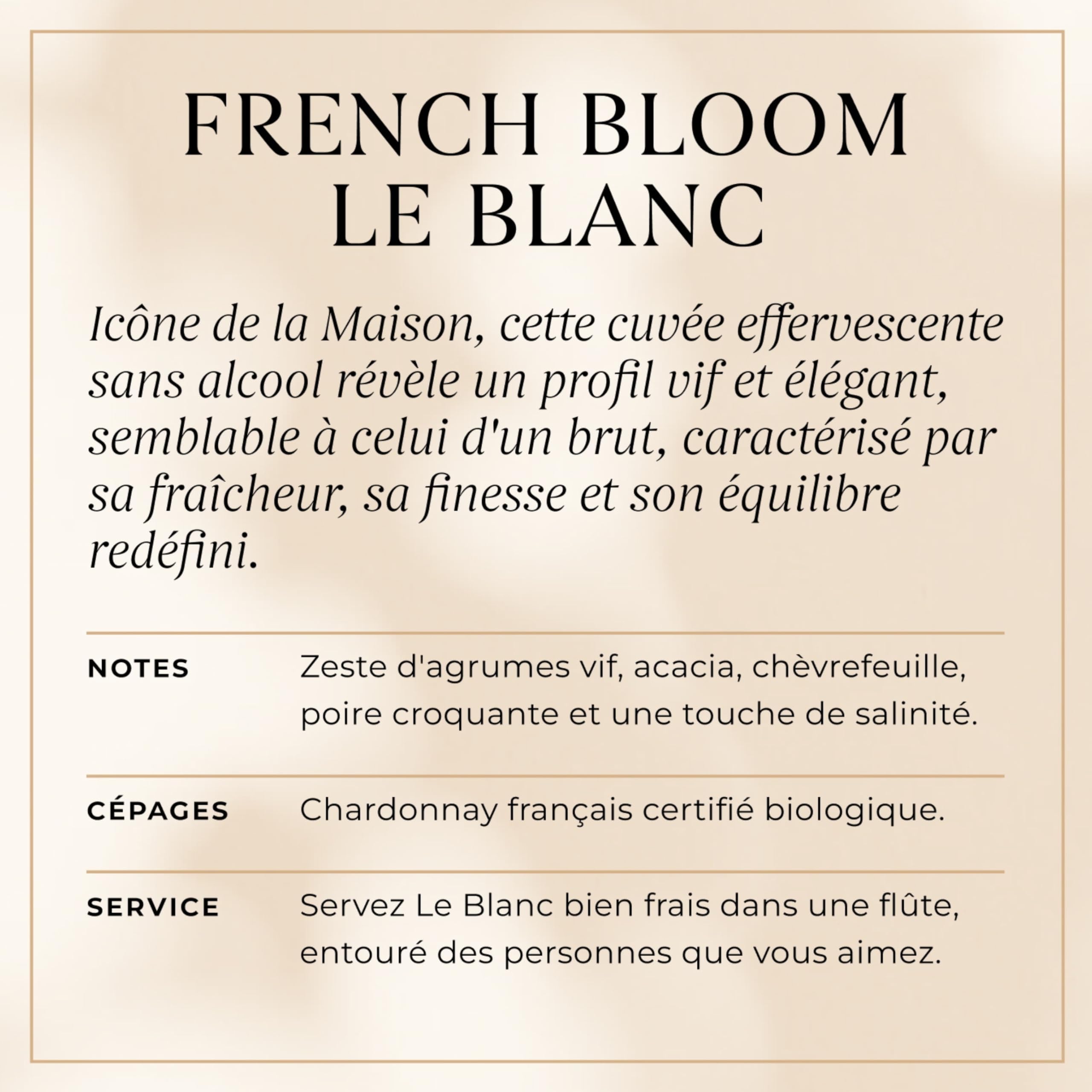 French Bloom Le Blanc, Effervescent Sans Alcool 75cl - Certifié biologique, vegan, faible en calories, adapté aux femmes enceintes, sans sulfites, sans conservateurs ni sucres ajoutés.