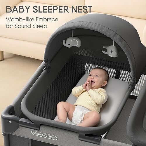 Miniatura 3 de Moisés para bebé 4 en 1 con corral, nido para dormir, cambiador, mosquitera y toldo, almacenamiento y juguetes para recién nacidos a niños pequeños