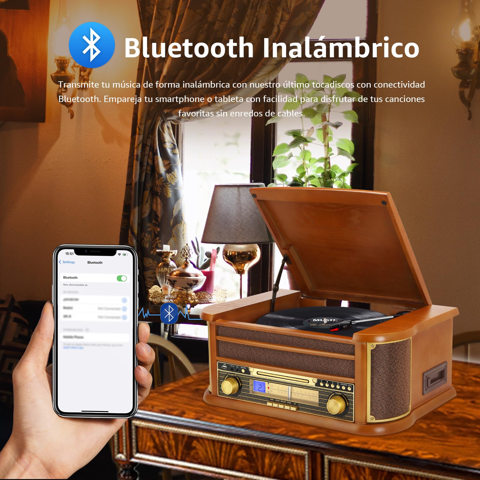 Tocadiscos de Vinilo Vintage Bluetooth inalámbrico de 3 velocidades con Radio fonógrafo Am/FM con Conector de 3,5 mm, CD/Cassette, Entrada Auxiliar/Salida RCA, reproducción USB
