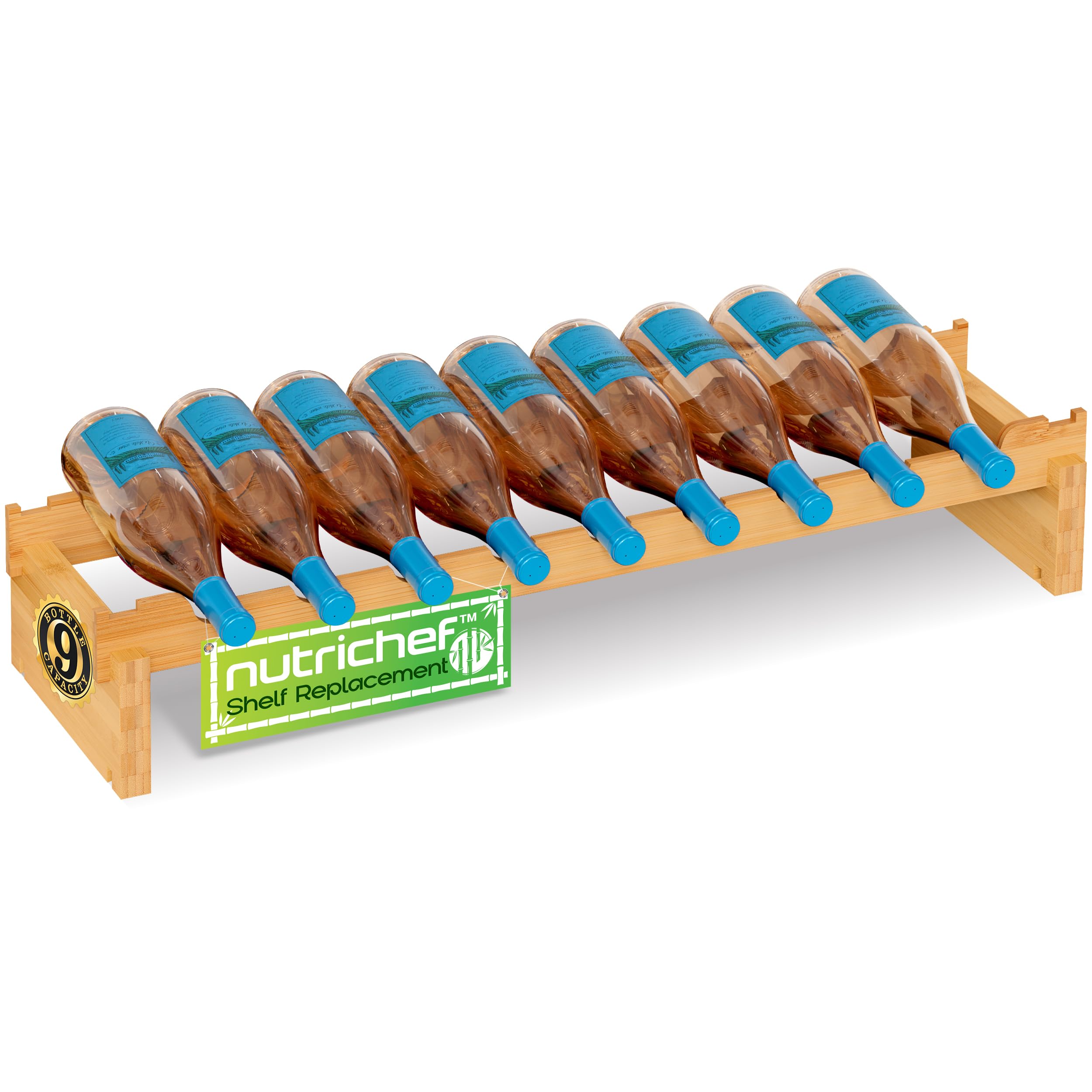 NutriChef Bamboo Wine Rack – 9 Bottle Free Standing Storage Shelf, Natural Finish, 1 Row Replacement or Expansion Kit, Stackable, Ideal for Kitchen or Cupboard Storage — image 1