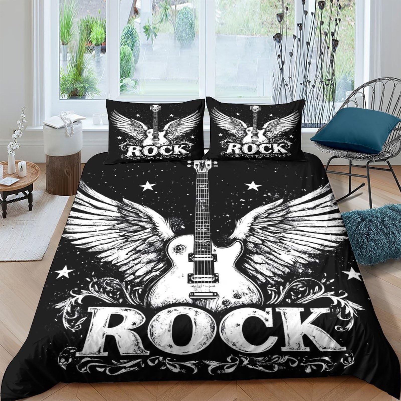 Ctjqhvkz Style-9 3D Printed Rock Guitar Wings Fitted Sheet Microfiber Black Bed Cover For Bedroom Dorm Mattress Protection Decor Single（135X200cm）