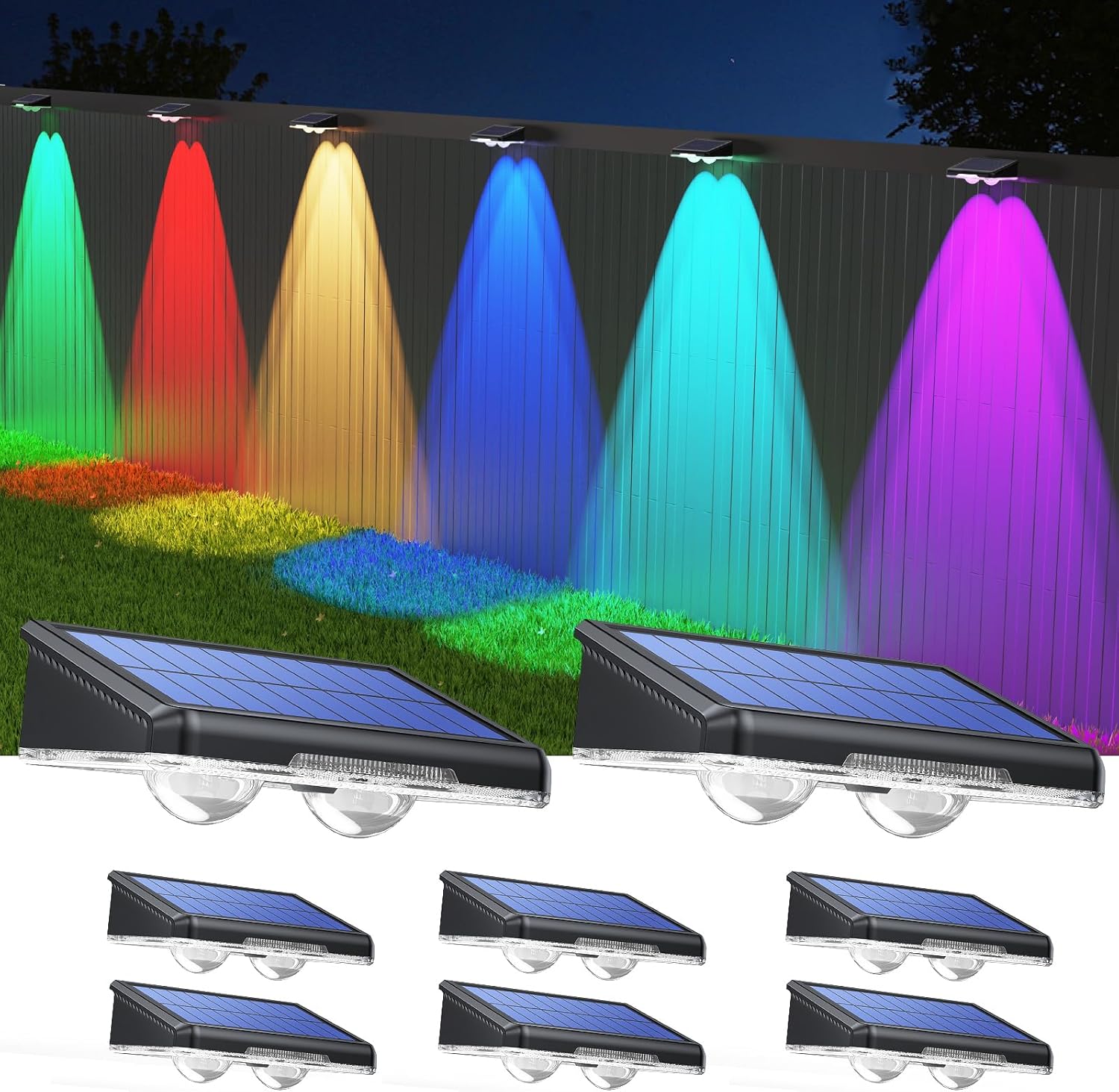TECKNET Solar Fence Lights Outdoor 8 Pack, Warm White & 6 Colors & RGB, IP66 Waterproof LED Deck Light, Dusk to Dawn Fence Lights Solar for Wall, Railing, Step, Patio, Pool, Backyard, Outside 3000K/Color Changing 8 Pack