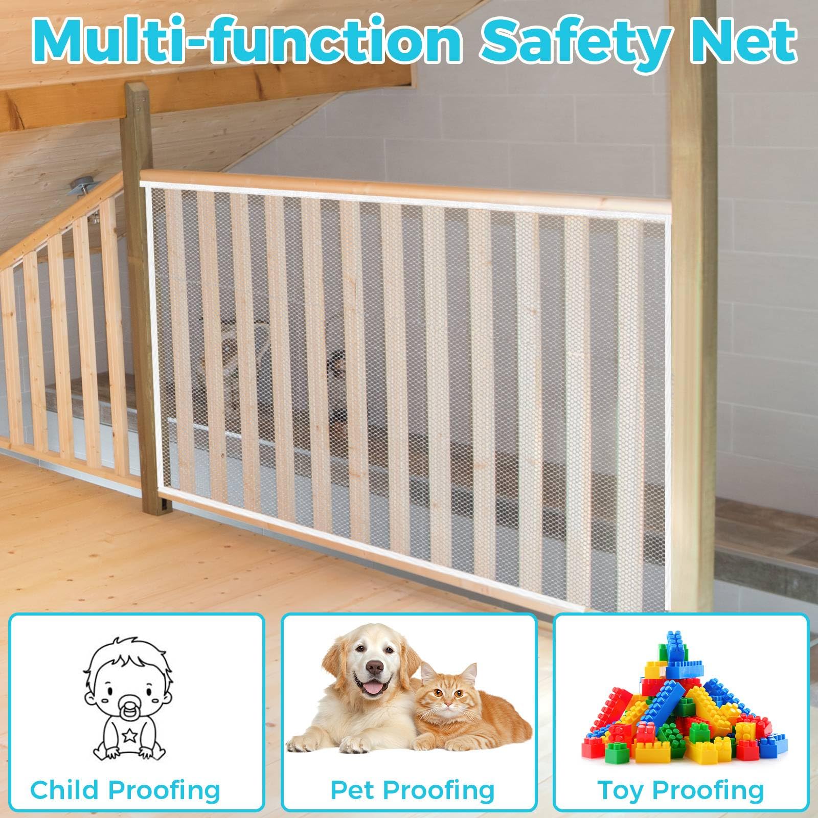 Red De Seguridad Para Escaleras 200x80cm - Protección Para Niños Y Mascotas, Con Clips Y Cuerdas
