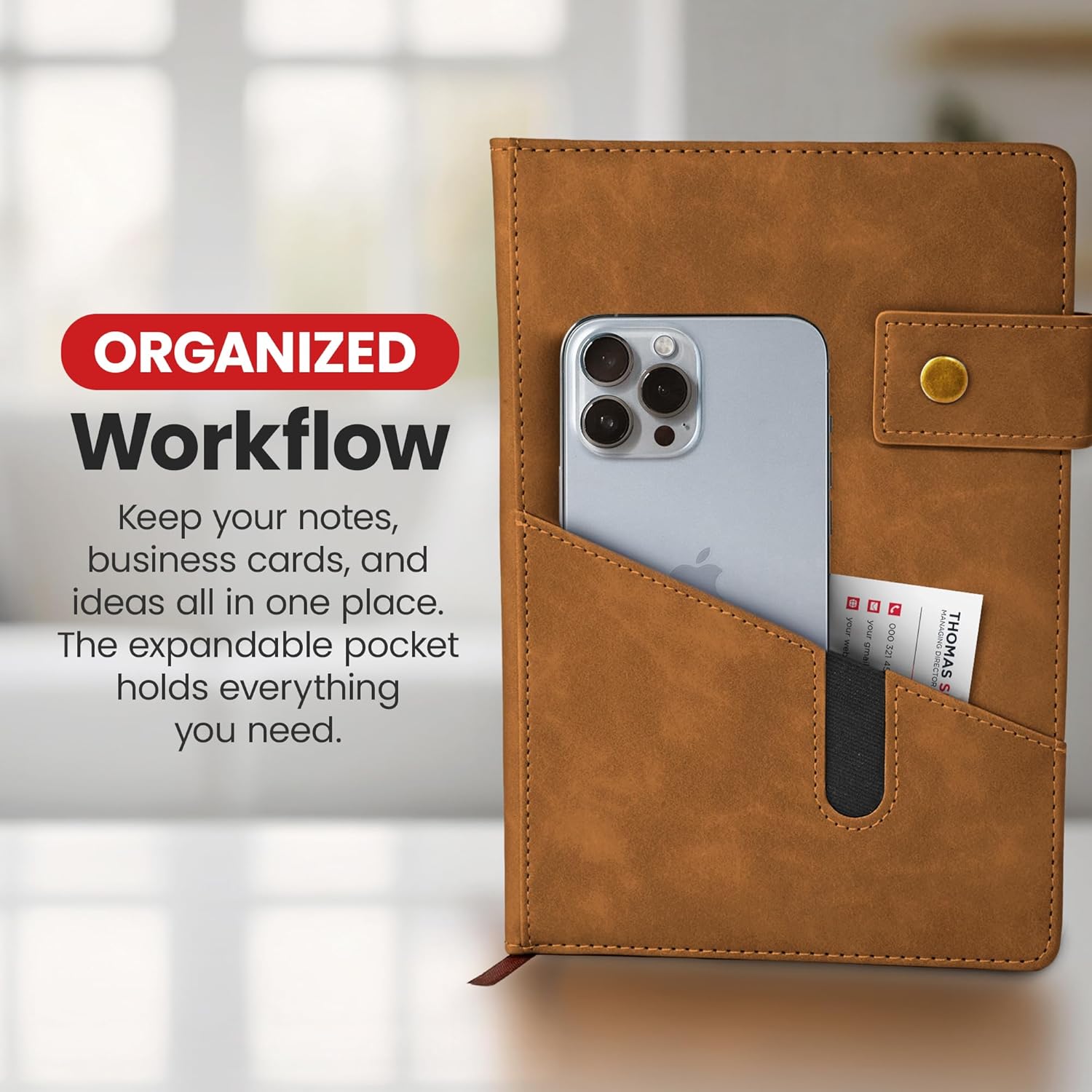 Promot PU Leather Notebook with Pen - A5 Lined Daily Journals for Writing Men Women, Executive Hardcover Notebook for Work, Travel Diary, Gift Idea, 200 Pages, Elastic Pocket, Bookmark, Strap, Brown - Image 3